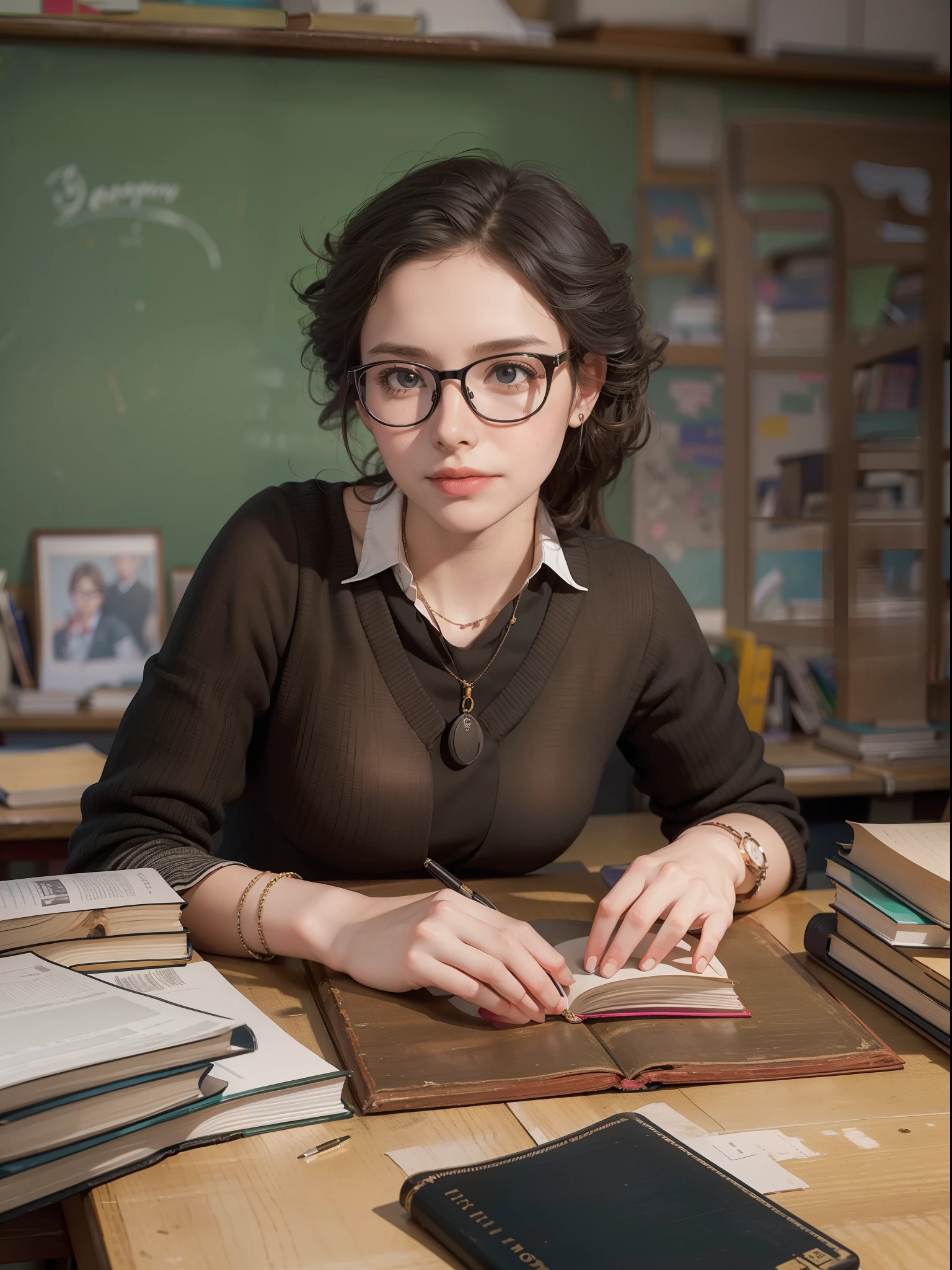 In the classroom，（((English teacher with glasses，Portrait of a 30-year-old female teacher))），Bust，classroom desk，many books，pen，(blackboards)，Real Photographics