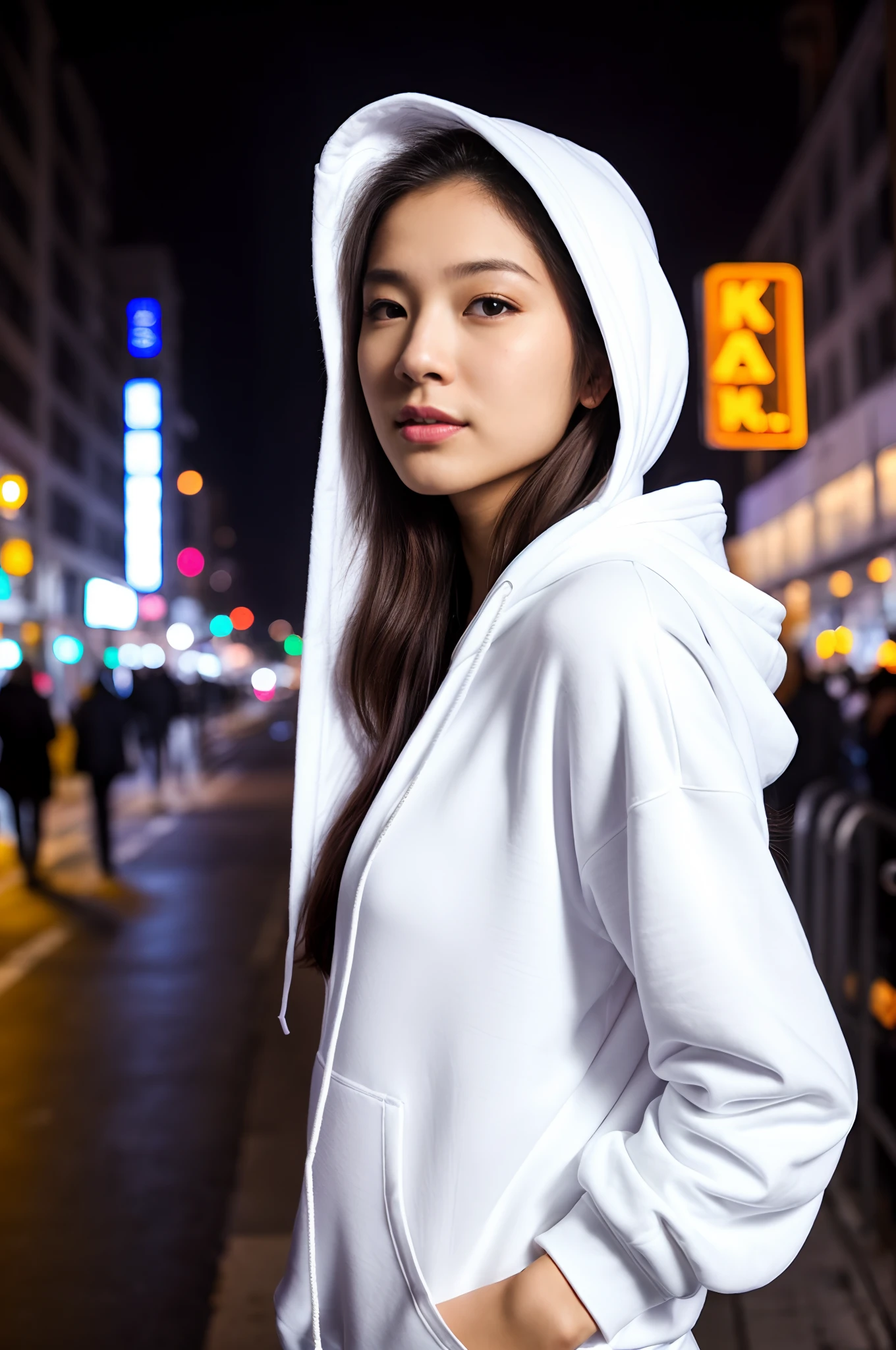 Raw photo、Portrait photos、femele、Wearing a white hoodie、vegan、Natural Skin、８K、hightquality、、full bodyesbian、Looking up、modern、stylish、Neon street at night background、Poses、portlate