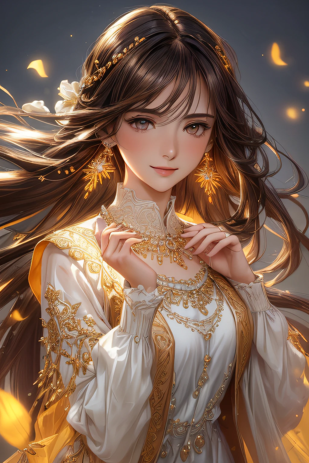 (masterpiece,best quality,ultra_detailed,highres,absurdres) solo, female focus, mysterious, Extremely gorgeous, 1 mature female, 20-ish, long brown hair, floating hair, sidelocks, beautiful detailed Glass hair, delicate beautiful face, happy smile, Iridescence and colorful eyes (detailed eyes), Delicate arms and hands, small_breasts, (yellow eyes), white skin, delicate metal decorations, earrings, Beautifully gorgeous necklace, flowing lace, surreal, intricate light, Flying orange petals, lens flare, absurdres, highres, very fine 8KCG wallpapers, simple background, ((close-up shot)), (((modern clothes))) (vest, looking at viewer, collared shirt, long sleeves, white shirt, black vest, earings).