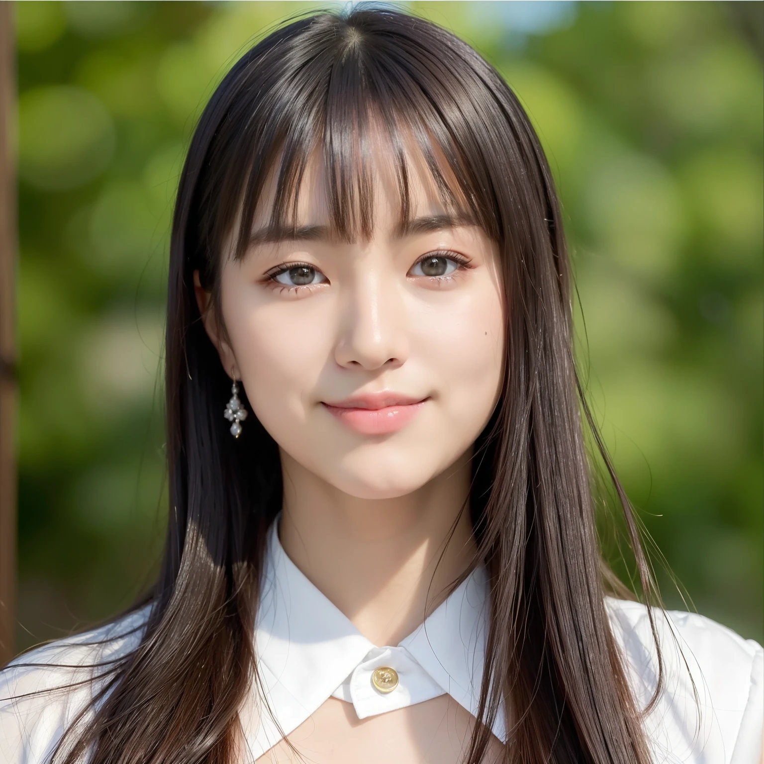 (top-quality、in 8K、masterpiece:1.3)、1girl in、(Hairstyles Long)、The upper part of the body、二重まぶた、a smile、japanes、Beautiful adult woman、simple background、diffuse glow、Bright photo、portlate