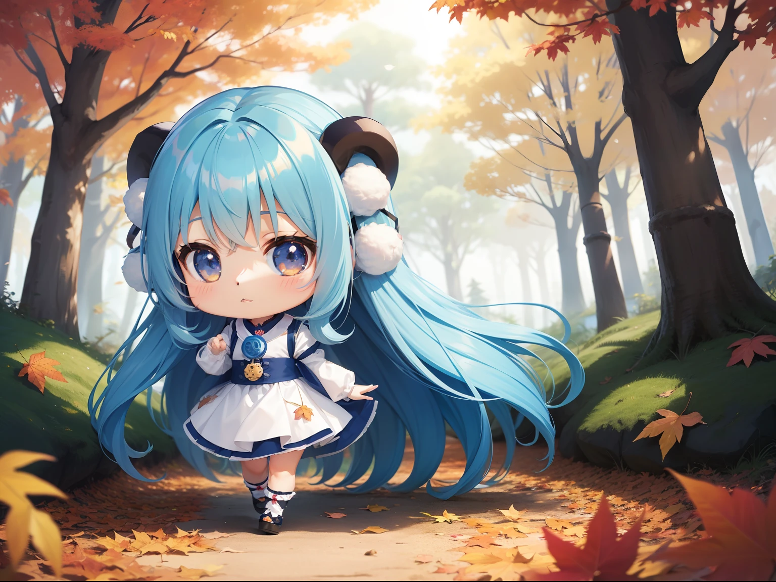 Chibichara long hair with blue hair((Chibi Chara))、Fluffy、girl with、Chibi Chara、full body Esbian、Pastel colors hair、masutepiece、top-quality、In the forest of autumn leaves、Cute bears are also with us。
