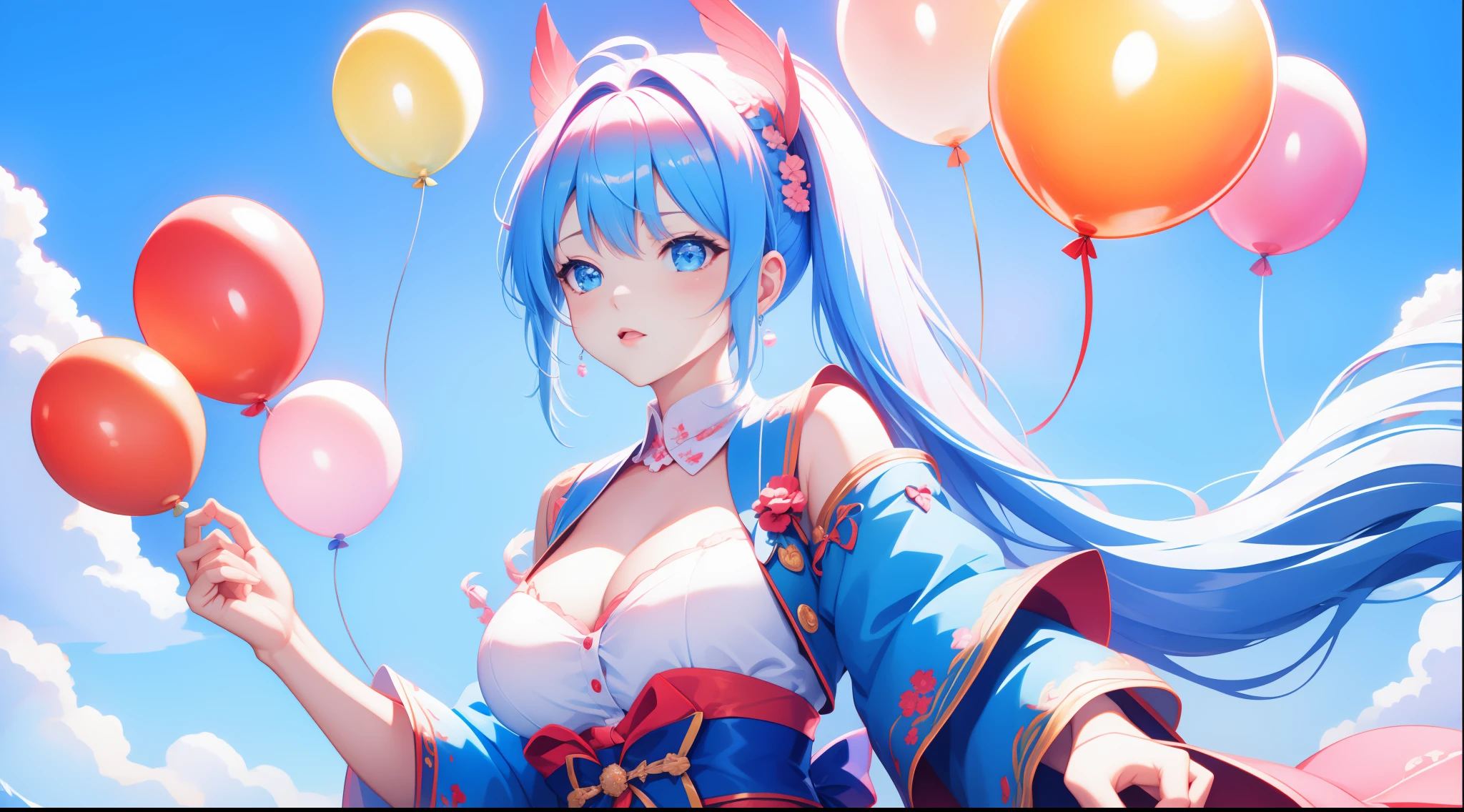 balloons,Winged girl,Large breasts,Sexy attire,sandbeach,blue-sky,baiyun