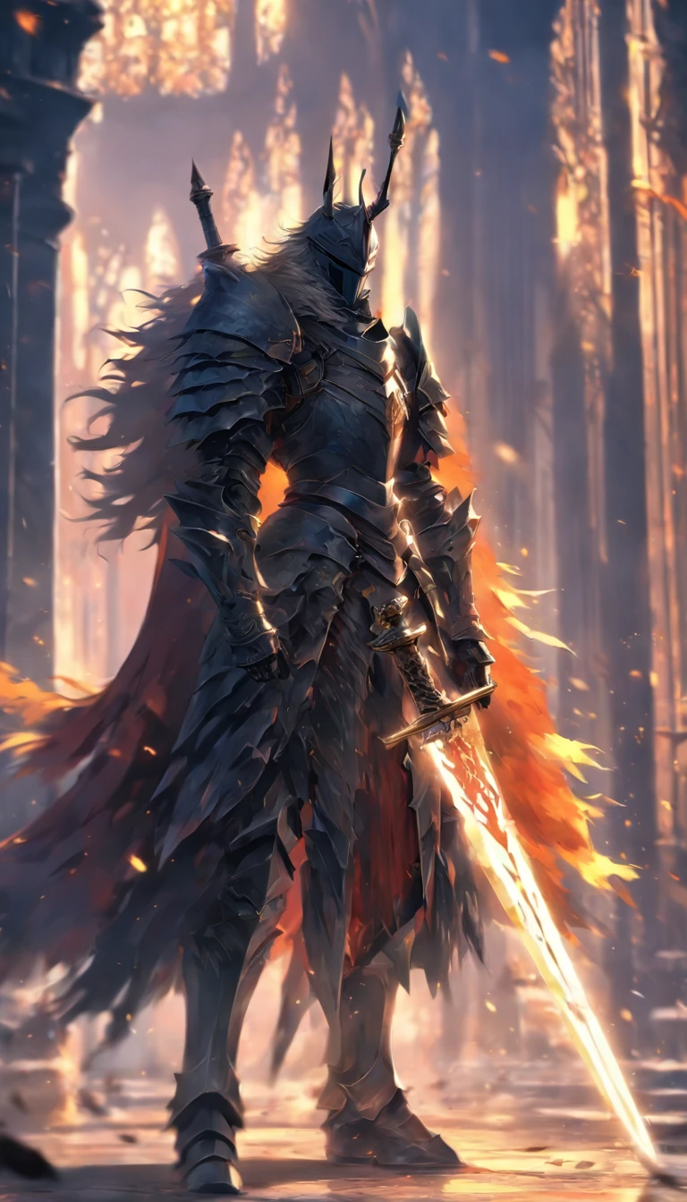 anime character with sword standing in front of a building, fallen knight, from arknights, gothic knight, evil knight, the style of wlop, fantasy knight, knight, royal emperor, dark souls knight, off-white plated armor, wearing heavy armor with cape, black heavy armor with gold trim, smooth anime cg art, artorias, glowing sword