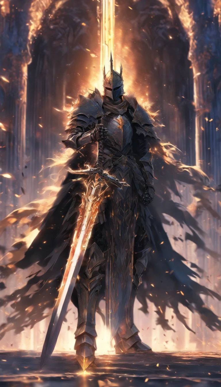 anime character with sword standing in front of a building, fallen knight, from arknights, gothic knight, evil knight, the style of wlop, fantasy knight, knight, royal emperor, dark souls knight, off-white plated armor, wearing heavy armor with cape, black heavy armor with gold trim, smooth anime cg art, artorias, glowing sword