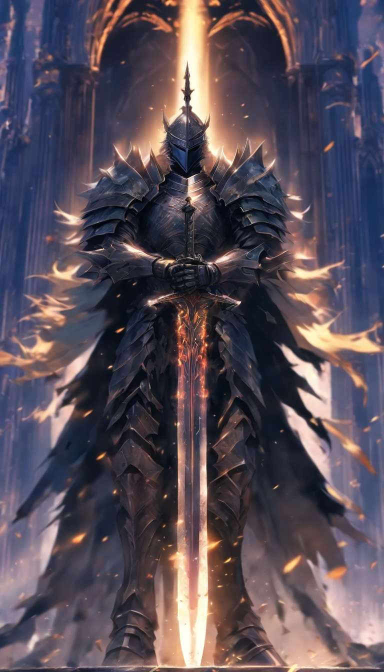 anime character with sword standing in front of a building, fallen knight, from arknights, gothic knight, evil knight, the style of wlop, fantasy knight, knight, royal emperor, dark souls knight, off-white plated armor, wearing heavy armor with cape, black heavy armor with gold trim, smooth anime cg art, artorias, glowing sword