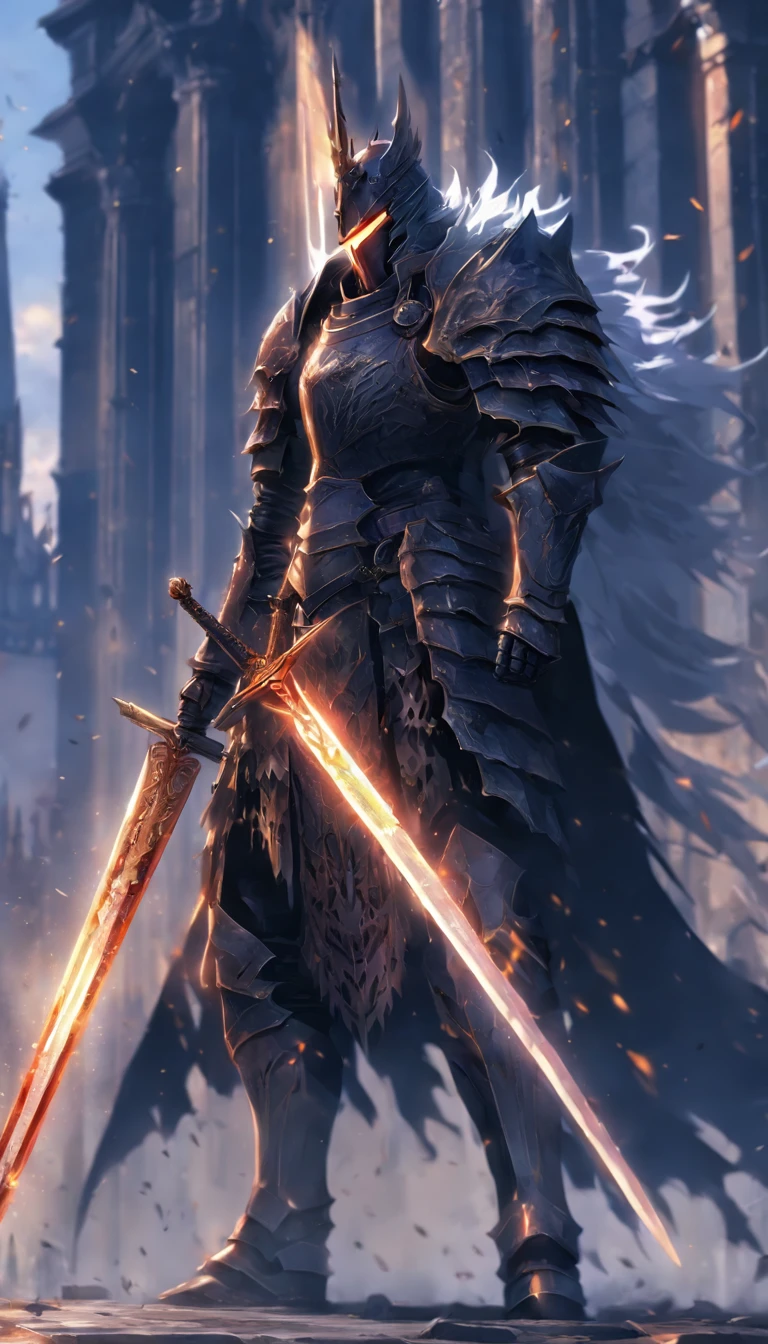 anime character with sword standing in front of a building, fallen knight, from arknights, gothic knight, evil knight, the style of wlop, fantasy knight, knight, royal emperor, dark souls knight, off-white plated armor, wearing heavy armor with cape, black heavy armor with gold trim, smooth anime cg art, artorias, glowing sword