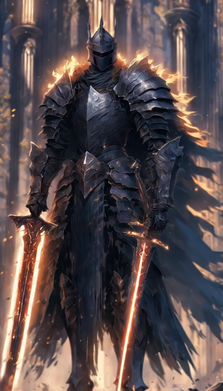 anime character with sword standing in front of a building, fallen knight, from arknights, gothic knight, evil knight, the style of wlop, fantasy knight, knight, royal emperor, dark souls knight, off-white plated armor, wearing heavy armor with cape, black heavy armor with gold trim, smooth anime cg art, artorias, glowing sword