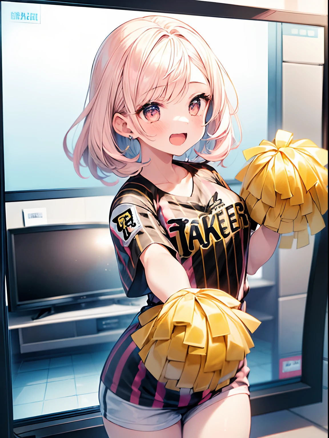 best quality, masterpiece, absurdres, highres, (1girl:1.6), (short shaggy perm hair:1.6), (light pink hair:1.5), (wearing the black vertical striped shirt:1.5), (flower effects:1.2), (cowboy shot:1.4), break (In front of a TV at home,:1.4) BREAK (a girl is enthusiastically cheering for the Hanshin Tigers:1.6). Her eyes are fixed on the screen, filled with excitement and tension. BREAK The room feels as if it's filled with the heat of the game.