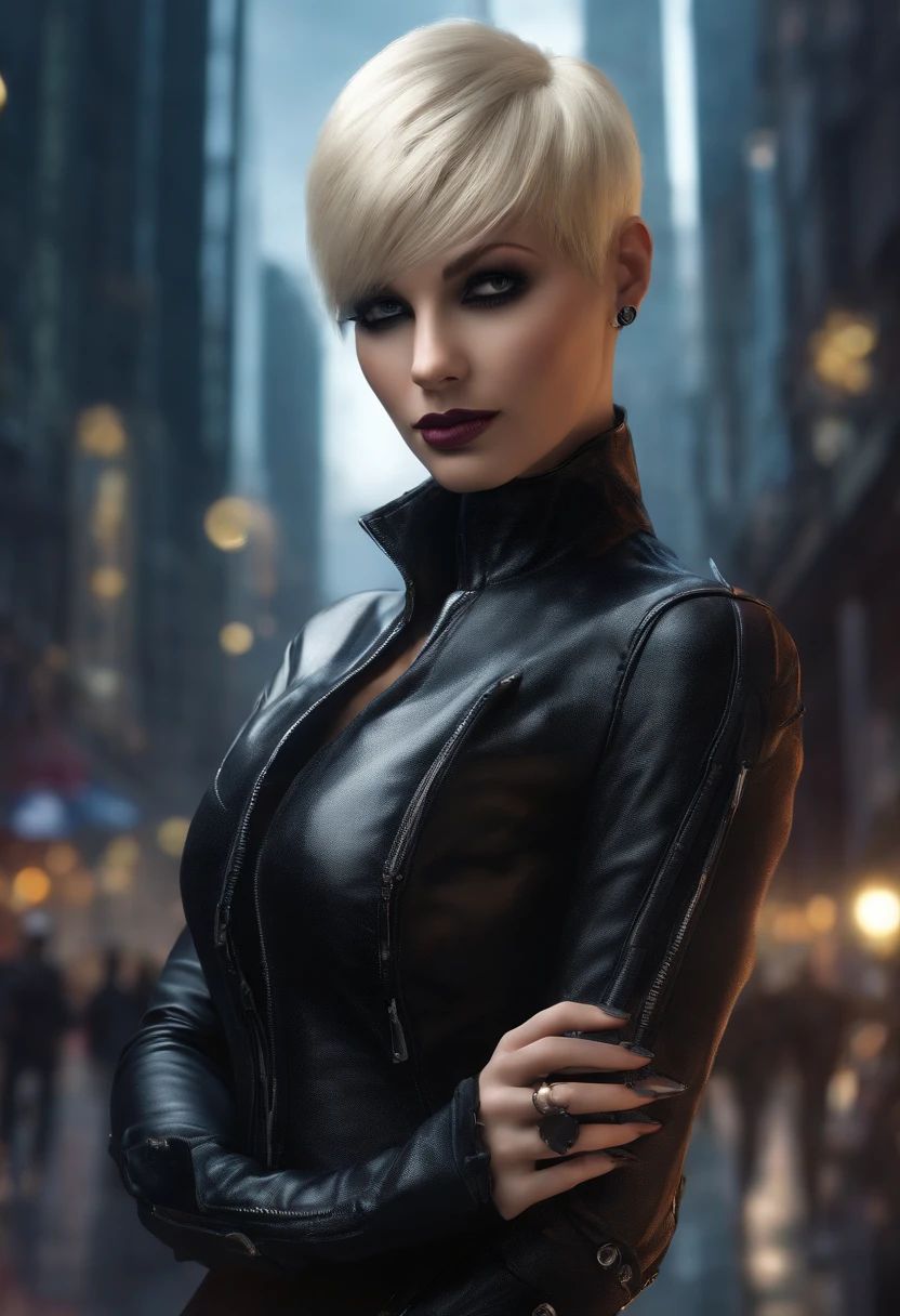 In a futuristic metropolis, a captivating thin skinny slender very short haired pixie blonde  embodies photorealistic perfection and sensuality. The details highlight her curves, while the micro string bikini gothic clothing and goth makeup enhance her attractiveness. huge rocket shaped breast In the middle of the cyberpunk urban landscape, an electric atmosphere carries the scent of flowers. Holographic signs shine in the shadows. The rays play with her, fusing charm, goth clothing and makeup with the background. Her digital presence harmonizes with the aura of the metropolis, creating a fascinating online experience. Viewers participate and add their touch in real time to the evolving masterpiece. Interactive events and a narrative guide the online audience through this dynamic and engaging realistic spectacle