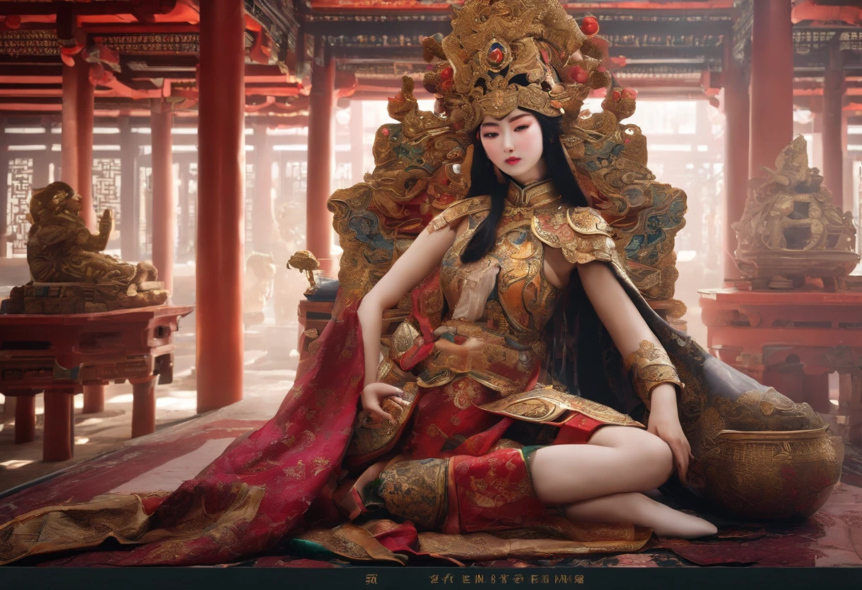 Fengshen Bang,tmasterpiece,ultra fine photos,,best qualtiy,超高分辨率,Photoreality,Chiaroscuro,(full-body portraits),stunningly beautiful,dynamicposes,delicated face,Bigchest,Murderous eyes,(seen from the side),She wears gold ancient Chinese armor,very highly detailed background,detailed face with,Detailed and complex busy background,untidy,opulent,milkyW,Highly detailed skin,Realistic details of skin,Visible Pore,tack sharp focus,volume fog,8k uhd,digital SLR camera,high qulity,filmgrain,White skin of the,photo-realism,lomography,The palace of the Yin Shang King in ancient China , look from down, semi transparent, gigantic breasts, showing cleavage, full body shot camera angle, lotus tattoo on forehead, sexy body: 1.4, Slim abdomen: 1.2, sitting on chair, gigantic deep cleavage, open shirt,