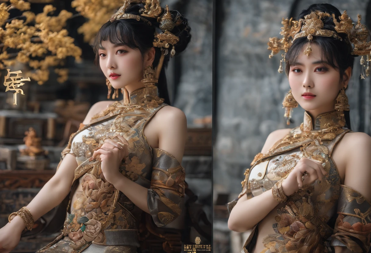 Fengshen Bang，tmasterpiece，ultra fine photos，，best qualtiy，超高分辨率，Photoreality，Chiaroscuro，（full-body portraits），stunningly beautiful，dynamicposes，delicated face，Bigchest，Murderous eyes，（seen from the side），She wears gold ancient Chinese armor，very highly detailed background，detailed face with，Detailed and complex busy background，untidy，opulent，milkyW，Highly detailed skin，Realistic details of skin，Visible Pore，tack sharp focus，volume fog，8k uhd，digital SLR camera，high qulity，filmgrain，White skin of the，photo-realism，lomography，The palace of the Yin Shang King in ancient China , look from down, semi transparent, gigantic breasts, showing cleavage, full body shot camera angle, lotus tattoo on forehead, sexy body: 1.4, Slim abdomen: 1.2, sitting on chair, gigantic deep cleavage, open shirt,