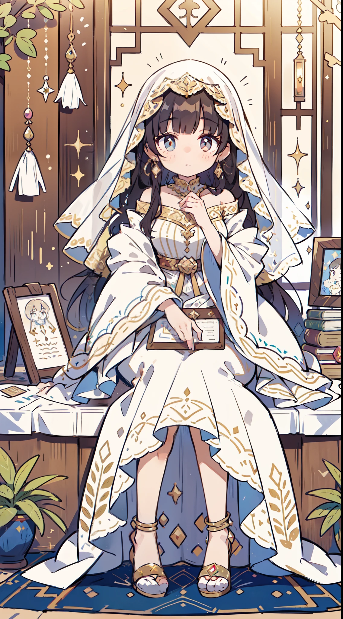 A suspiciously beautiful woman, her face hidden by a veil, sits on the ground in an alleyway in a desert town, selling her wares in a stall on a carpet. She wears intricate and delicate ornaments. The carpet at her feet is lined with accessories and goods decorated with gold and jewels. Detailed drawing. Vivid colors. High image quality.