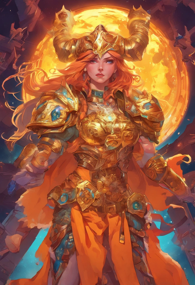 Un primer plano de un vikingo sosteniendo dos achas divinas en la grieta del imvicador,( Arte de personajes de League of Legends),(Olaf),Full body of a Viking divine paladin warrior in ornate golden armor,barba densa y fondosa de color naranja y blanca, pauldrons, peto, halo brillante, peinado moikano, cabello naranja y blnaco, ojo amarillo brillante, parcheben 1 ojo,pupila brillante, enfoque de ojo, capa de pelaje blanaca, grieta del imbocador,ruinas magicas, noche, luz de luna, particuls, haz de luz, chromatic abberation