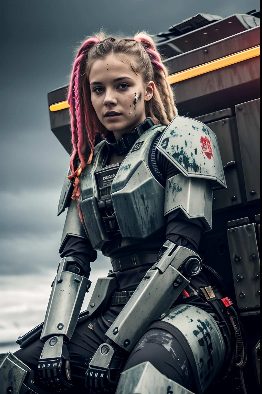 Beautiful hyperrealistic photograph of cute Young Swedish woman with Runic tattoos, ((dirty face Blood splattered)), (((wearing full heavy mecha armor, combat harness, Neon highlights))) Short Red Dreadlocks, (((sitting on a Futuristic Tank pose))), (exterior of Military Facility in the background), Camo netting, Ammo Boxes, Fires, Smoke, debris, Camo netting, Ammo Boxes, Rain, Stormy, Wet, abstract beauty abstract beauty, near perfection, pure form, Golden Ratio, concept art, intricate detail, 8k post-production, High resolution, super Detail, trending on ArtStation, sharp focus, studio photos, intricate detail, Very detailed, By Mads Nissen