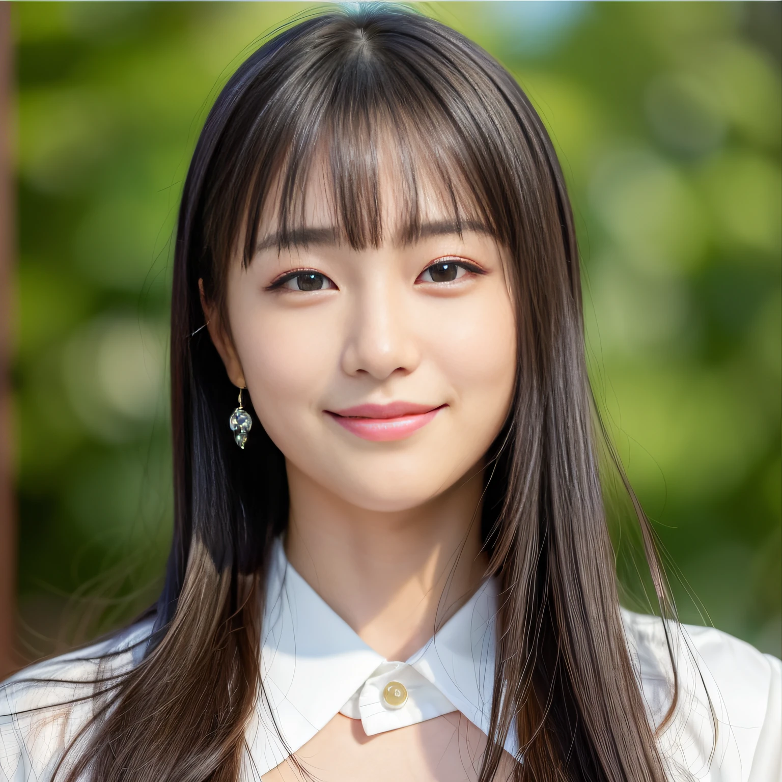 (top-quality、in 8K、masterpiece:1.3)、1girl in、(Hairstyles Long)、The upper part of the body、二重まぶた、a smile、japanes、Beautiful adult woman、simple background、diffuse glow、Bright photo、portlate