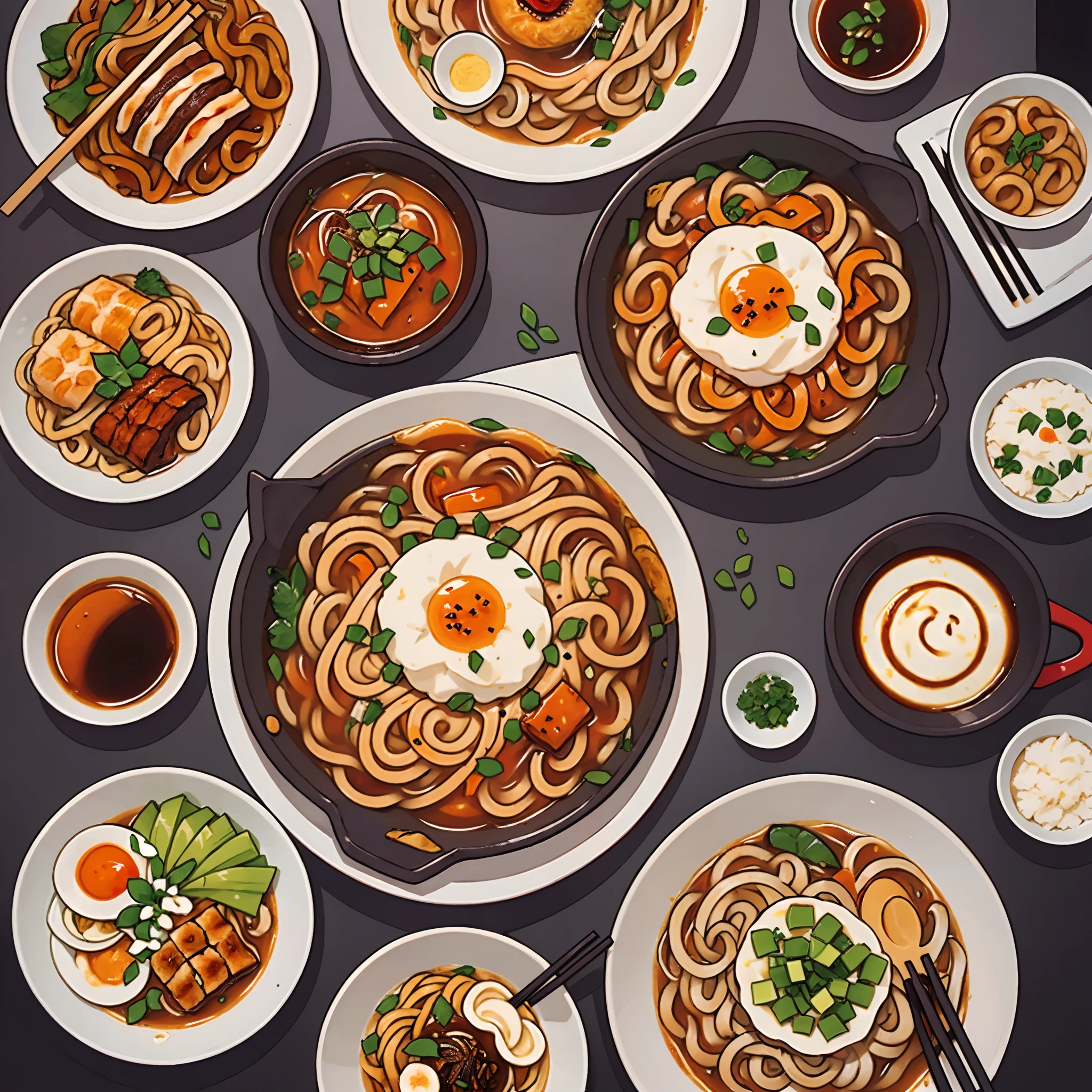 top-quality、　masuter piece、　Yukkejang udon、　Red soup、　Korean cuisine