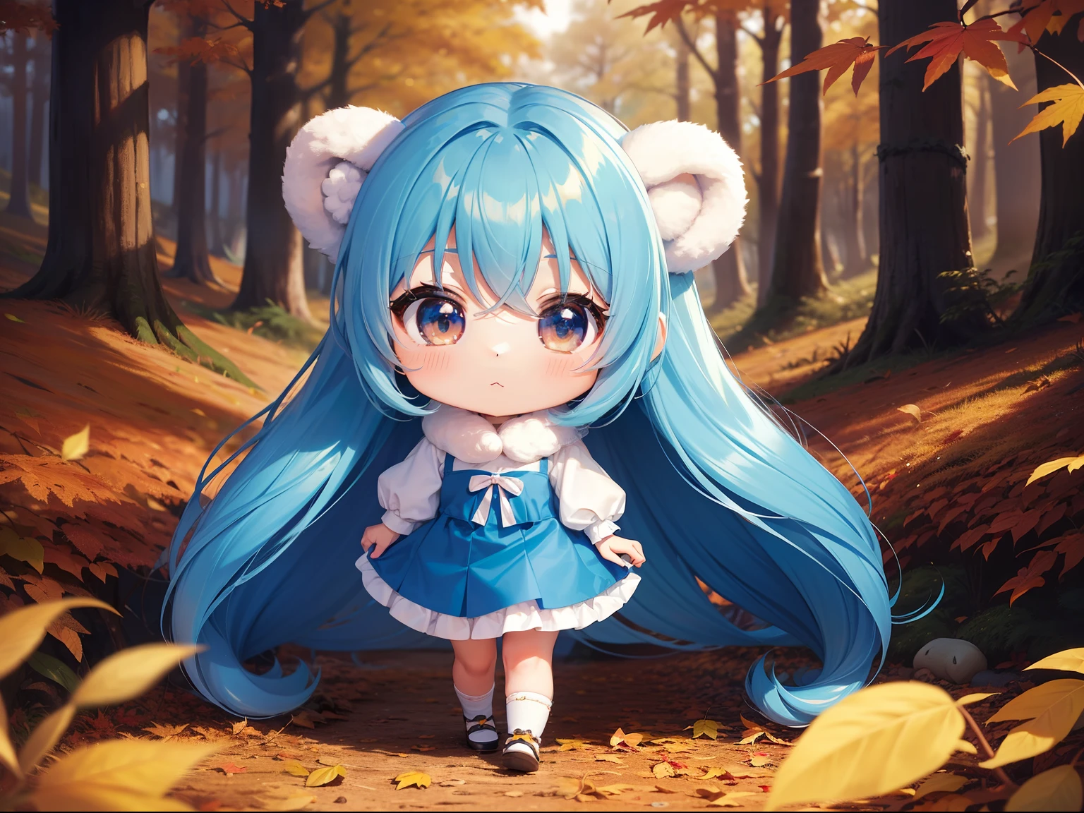 Chibichara　long hair with blue hair((Chibi Chara))、Fluffy、girl with、Chibi Chara、full body Esbian、Pastel colors hair、masutepiece、top-quality、In the forest of autumn leaves、Cute bears are also with us。