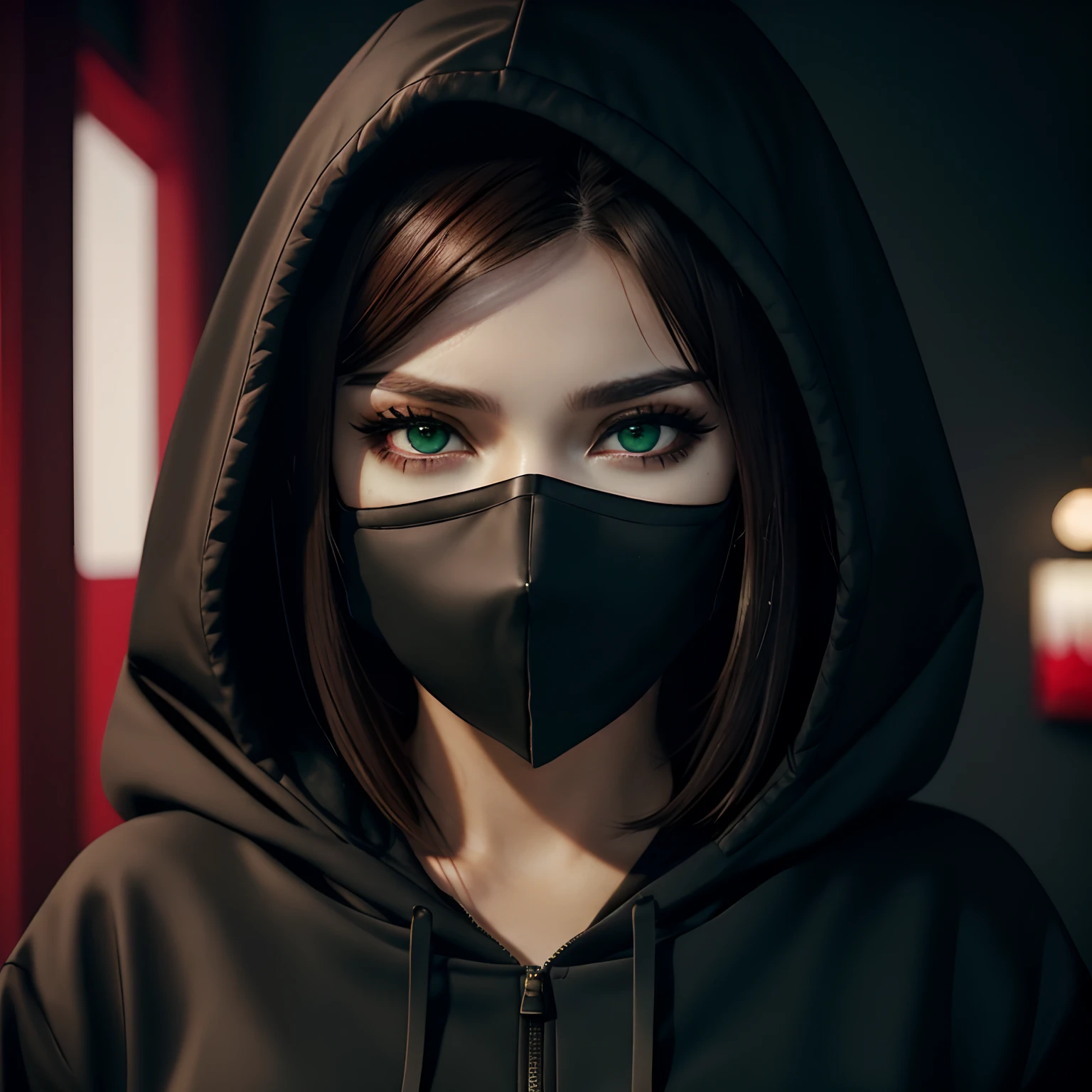 Female Vtuber version of Kaneki, sexy, busty, large breasts exposed, nearly naked, sfw, kk, best quality, more details, masterpiece, 1 girl kaneki ken, portrait, close-up, female focus, green eyes, solo, mask, black nails, bangs, looking at viewer, hood, short hair, black background, hand up, hood up, nail polish, mouth mask, teeth, brown hair, black mask, luxurious, 8k, detailed, ray tracing, depth of field, cinematic lighting, blood,