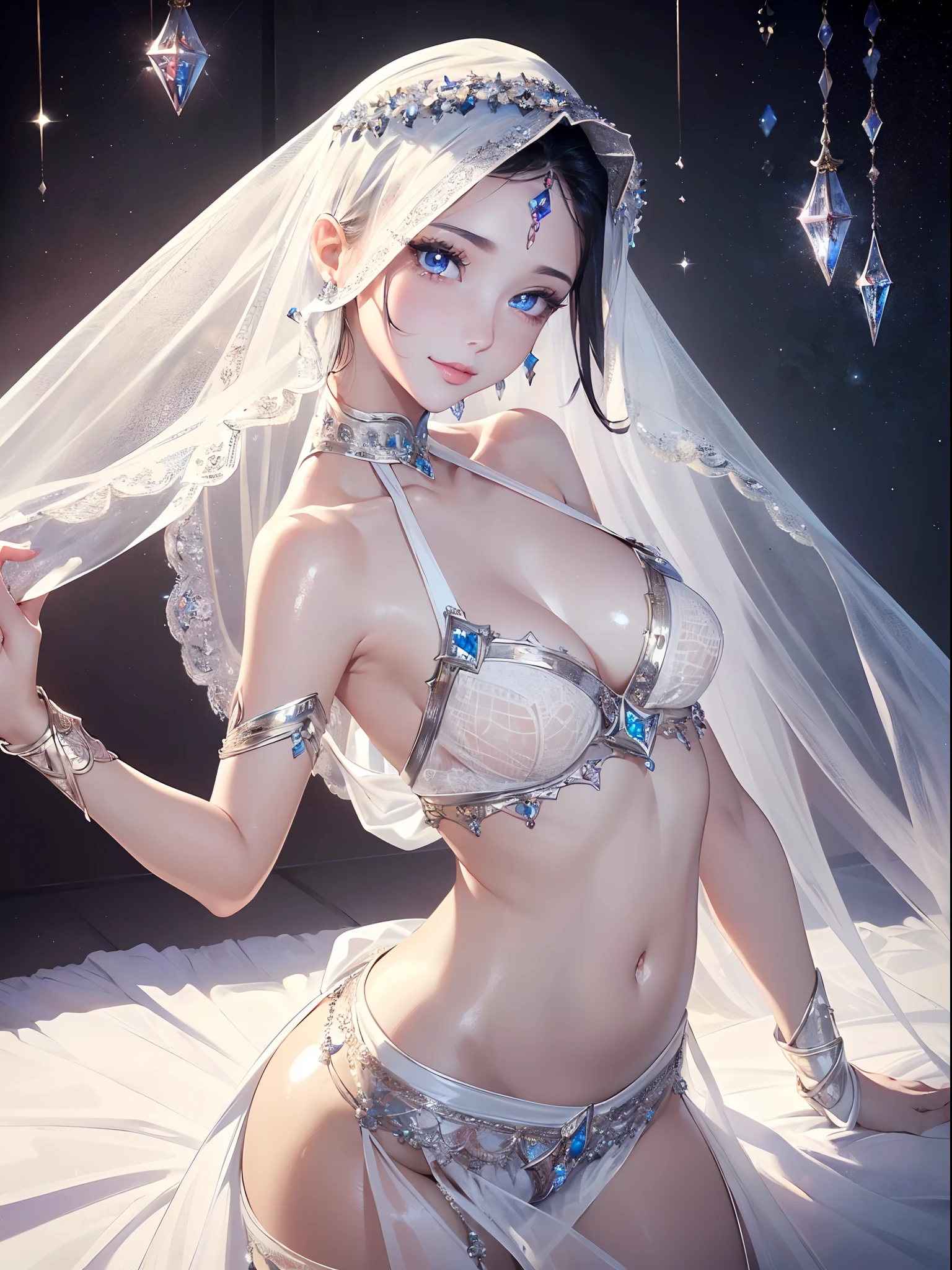 (​masterpiece,of the highest quality、8K ),Insanely detailed, Caustics,One Cute Girl,(sixteen years old:1.1),Seductive smile,Mega Ponytail,Half rim(Dancer costume in oriental style,veils、(Face Veil:1.3),veils,Look at viewers,Midriff,Butt crack,Glamorous hips,(From  above:1.1),(Rollback :1.2),arms on head,Arabian stage、(detailed and beautiful eyes、(Glossy Lip、Crystal clear skin、White and beautiful skin:1.2),long lashes、Eye Highlights,Hyper realistic,Perfect Anatomy