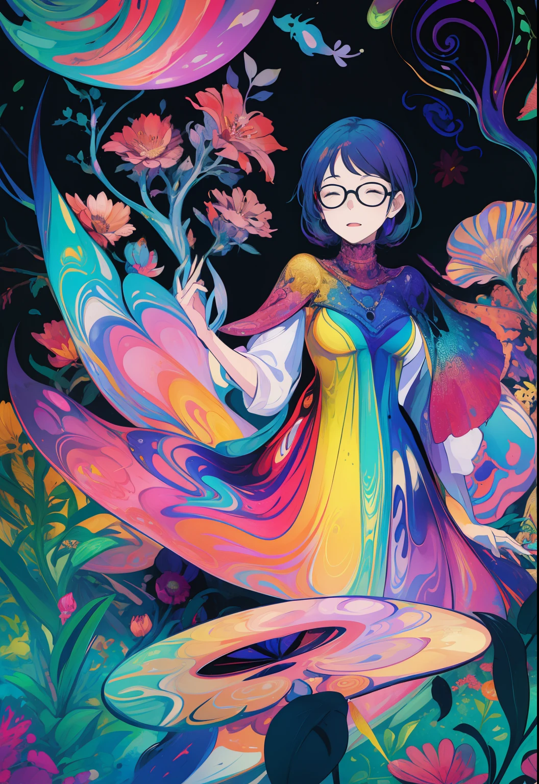 (psychedelic art:1.5), (from below:1.2), intricate dress, upper body, closed eyes,A 40 year old teacher, wearing glasses, (surrounded by a dozen or so children:1.4), with flowers in front of him, upper body lens,(happy:1.2)