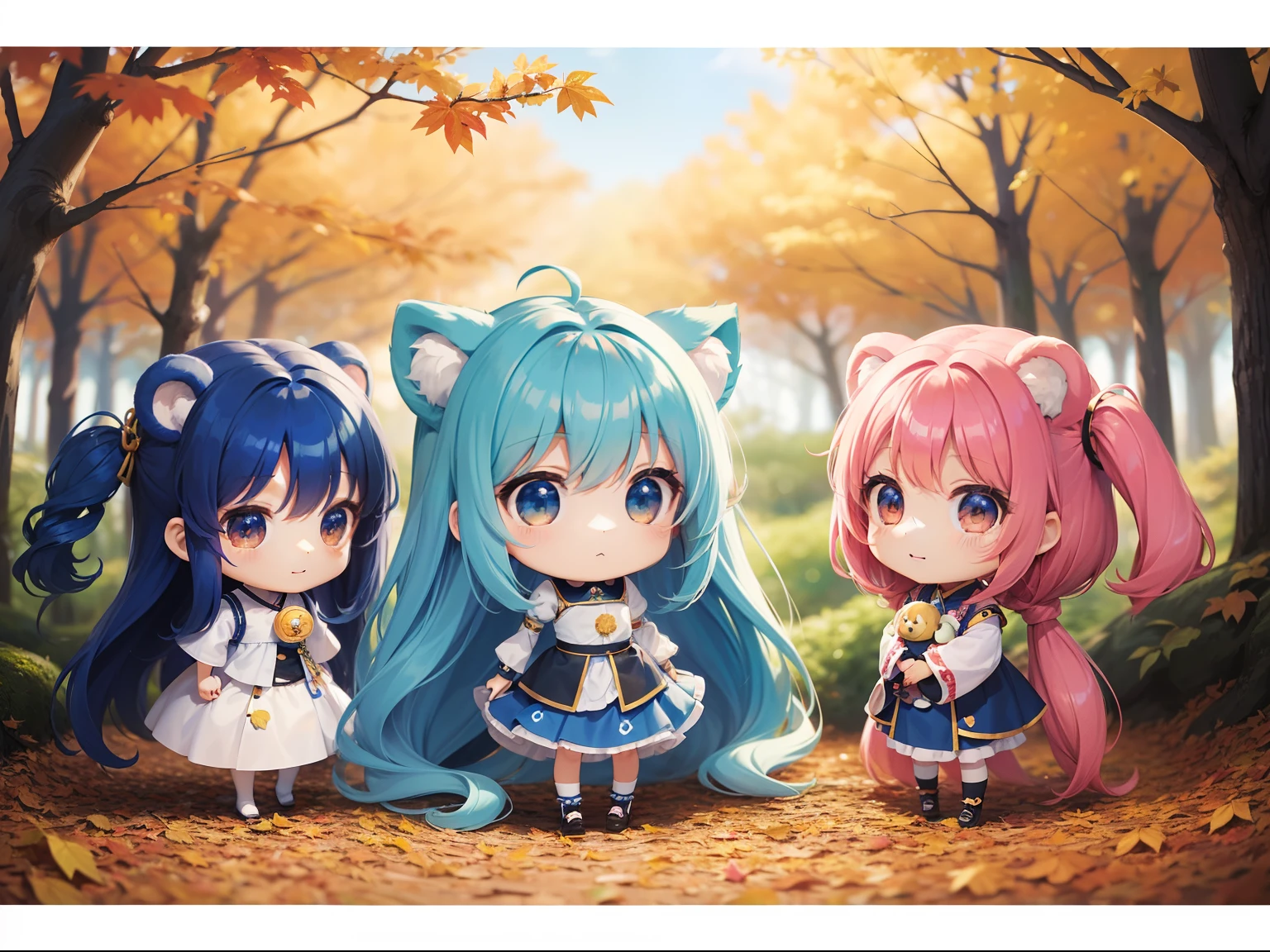 Chibichara long hair with blue hair((Chibi Chara))、Fluffy、girl with、Chibi Chara、full body Esbian、Pastel colors hair、masutepiece、top-quality、In the forest of autumn leaves、Cute bears are also with us。