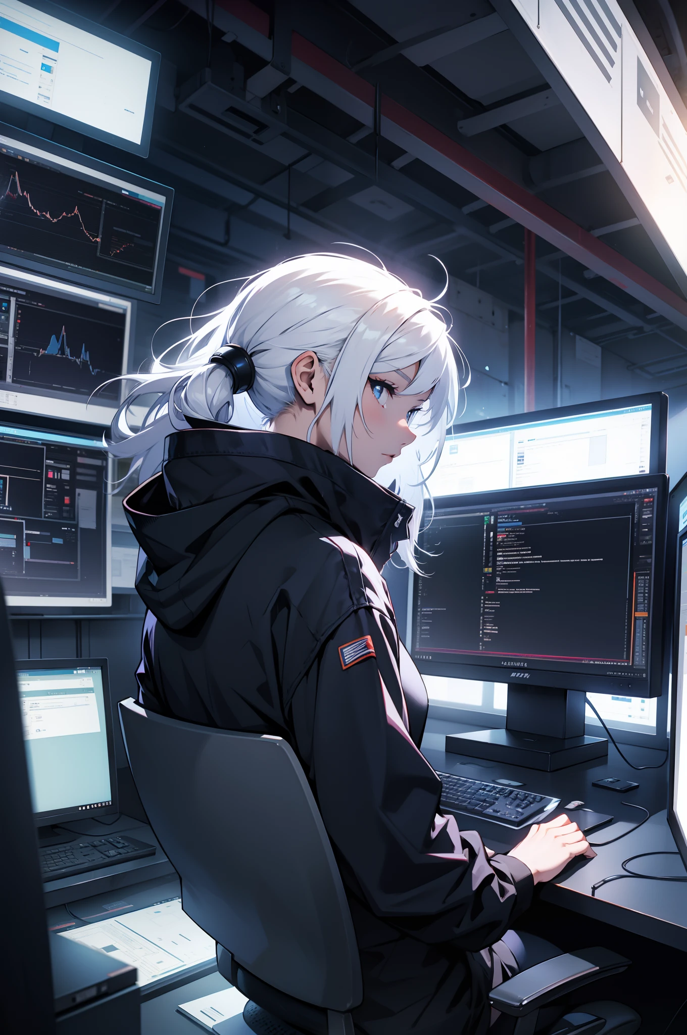 hacker,backs,1girl in,coyote,white hair,illustratio,Multiple monitors