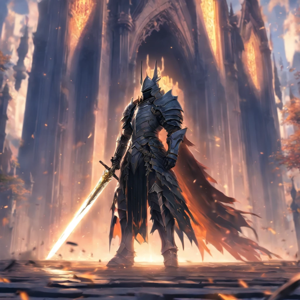 anime character with sword standing in front of a building, fallen knight, from arknights, gothic knight, evil knight, the style of wlop, fantasy knight, knight, royal emperor, dark souls knight, off-white plated armor, wearing heavy armor with cape, black heavy armor with gold trim, smooth anime cg art, artorias, glowing sword