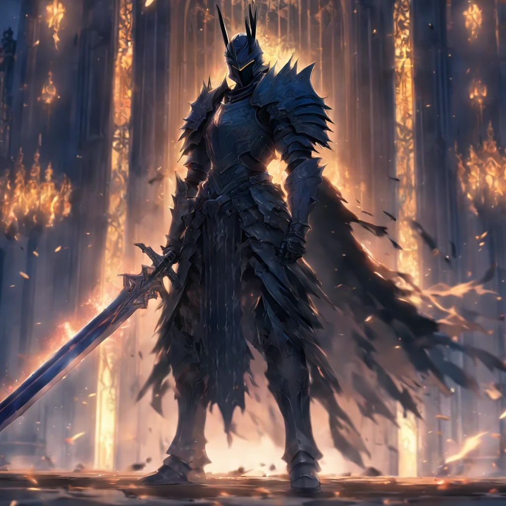 anime character with sword standing in front of a building, fallen knight, from arknights, gothic knight, evil knight, the style of wlop, fantasy knight, knight, royal emperor, dark souls knight, off-white plated armor, wearing heavy armor with cape, black heavy armor with gold trim, smooth anime cg art, artorias, glowing sword