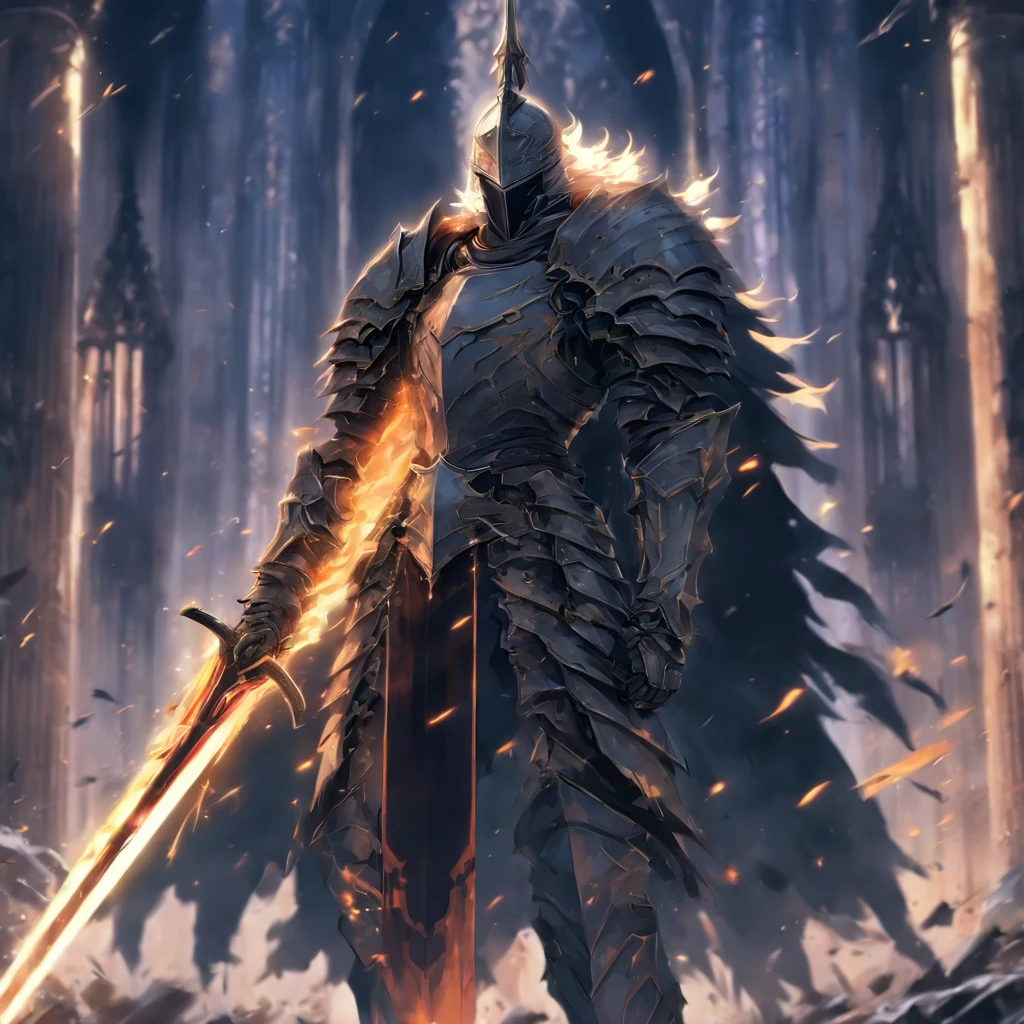 anime character with sword standing in front of a building, fallen knight, from arknights, gothic knight, evil knight, the style of wlop, fantasy knight, knight, royal emperor, dark souls knight, off-white plated armor, wearing heavy armor with cape, black heavy armor with gold trim, smooth anime cg art, artorias, glowing sword