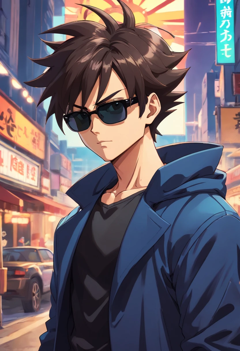 "a detailed artwork by Vegeta in an overcoat and a black shirt wearing sunglasses over his face with a serious expression, Dragon ball z, 4K, 8k, FULL HD, Corps entier, Dragon Ball Art Style, Hyperrealistic drawing style, Clean and detailed anime art, city background."