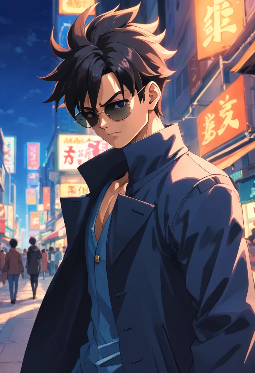 "a detailed artwork by Vegeta in an overcoat and a black shirt wearing sunglasses over his face with a serious expression, Dragon ball z, 4K, 8k, FULL HD, Corps entier, Dragon Ball Art Style, Hyperrealistic drawing style, Clean and detailed anime art, city background."
