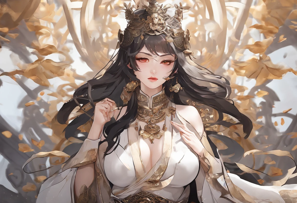 Fengshen Bang,tmasterpiece,ultra fine photos,,best qualtiy,超高分辨率,Photoreality,Chiaroscuro,(full-body portraits),stunningly beautiful,dynamicposes,delicated face,Bigchest,Murderous eyes,(seen from the side),She wears gold ancient Chinese armor,very highly detailed background,detailed face with,Detailed and complex busy background,untidy,opulent,milkyW,Highly detailed skin,Realistic details of skin,Visible Pore,tack sharp focus,volume fog,8k uhd,digital SLR camera,high qulity,filmgrain,White skin of the,photo-realism,lomography,The palace of the Yin Shang King in ancient China , look from down, semi transparent, gigantic breasts, showing cleavage, full body shot camera angle, lotus tattoo on forehead, sexy body: 1.4, Slim abdomen: 1.2, sitting on chair, gigantic deep cleavage, open shirt,