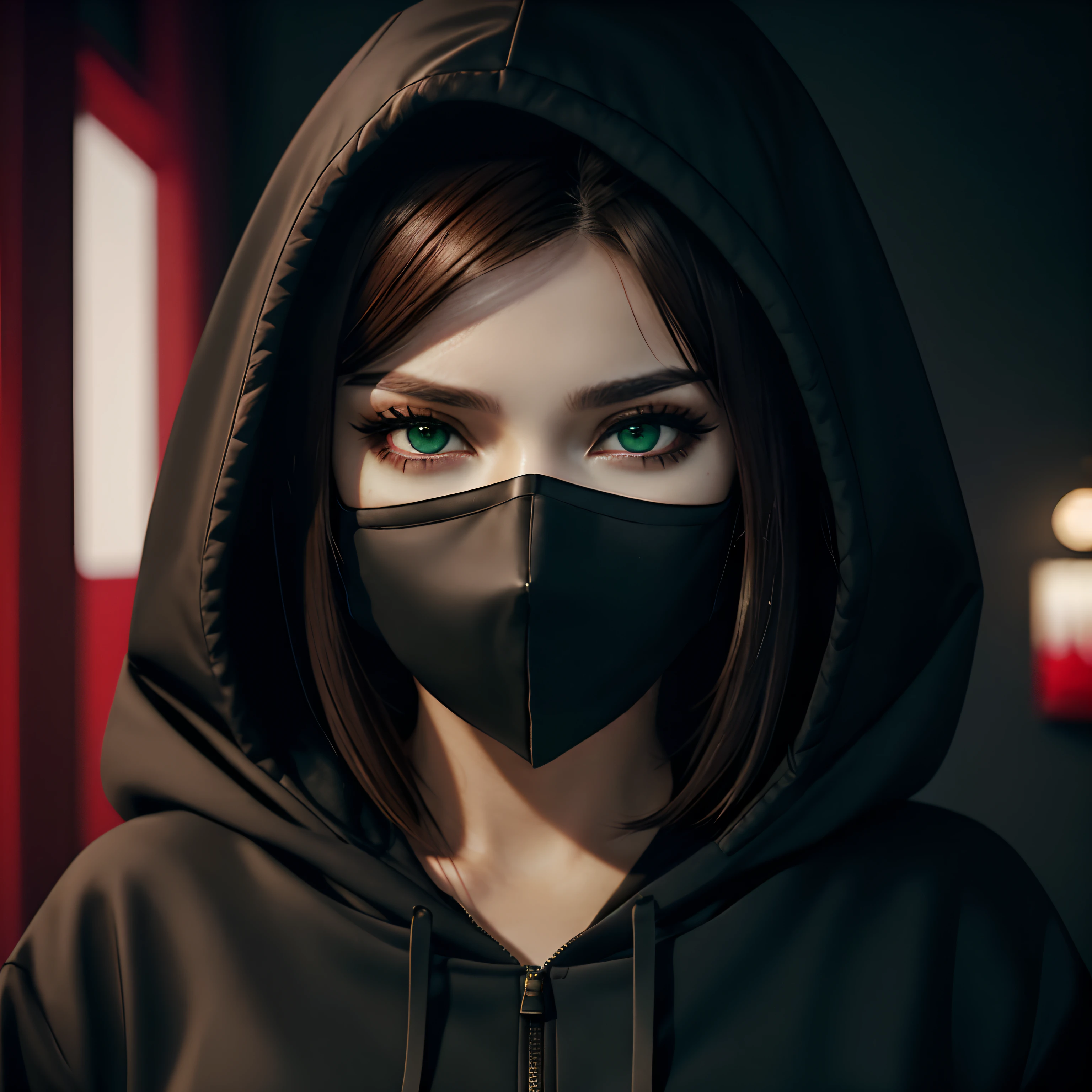 Female Vtuber version of Kaneki, sexy, busty, large breasts exposed, nearly naked, sfw, kk, best quality, more details, masterpiece, 1 girl kaneki ken, portrait, close-up, female focus, green eyes, solo, mask, black nails, bangs, looking at viewer, hood, short hair, black background, hand up, hood up, nail polish, mouth mask, teeth, brown hair, black mask, luxurious, 8k, detailed, ray tracing, depth of field, cinematic lighting, blood,