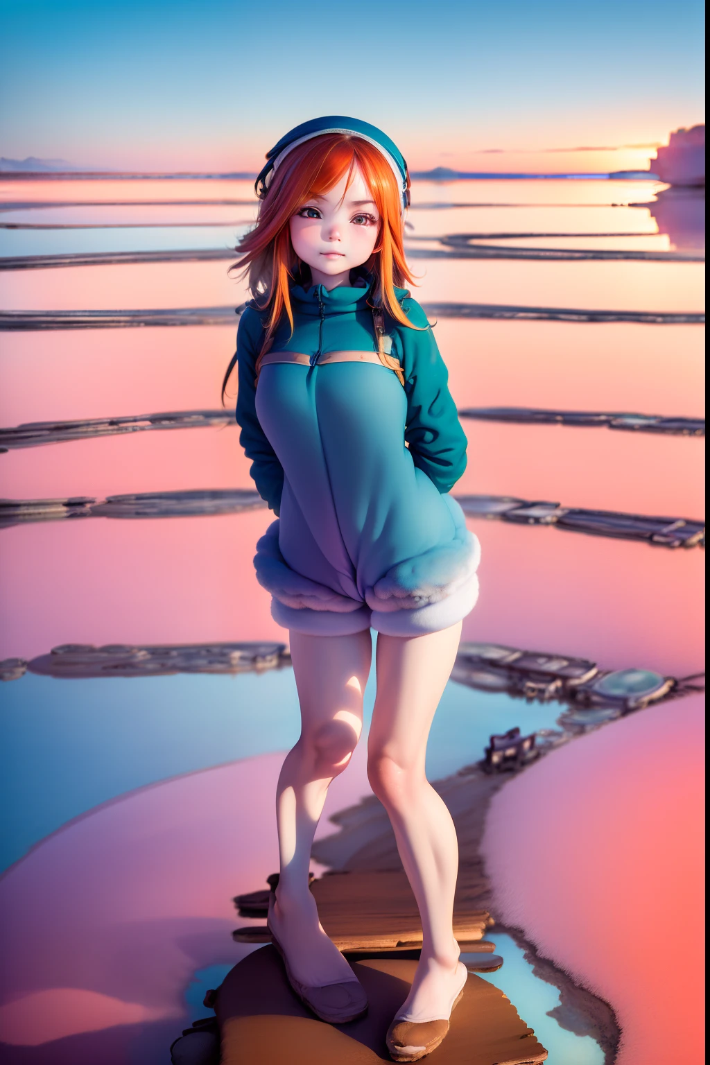 prompt
Txt2Img
(Extreme Detail)),(Ultra-detailed), detailed face depiction,Best Quality, masutepiece,(((Front-facing pose:1.2)))、 parka、shortpants,Smirking expression,eyebrows are thin:1.3,plein air,Lake baikal,(((blurry backround:1.3))),((plein air,Salar de Uyuni with blue sky:1.5))