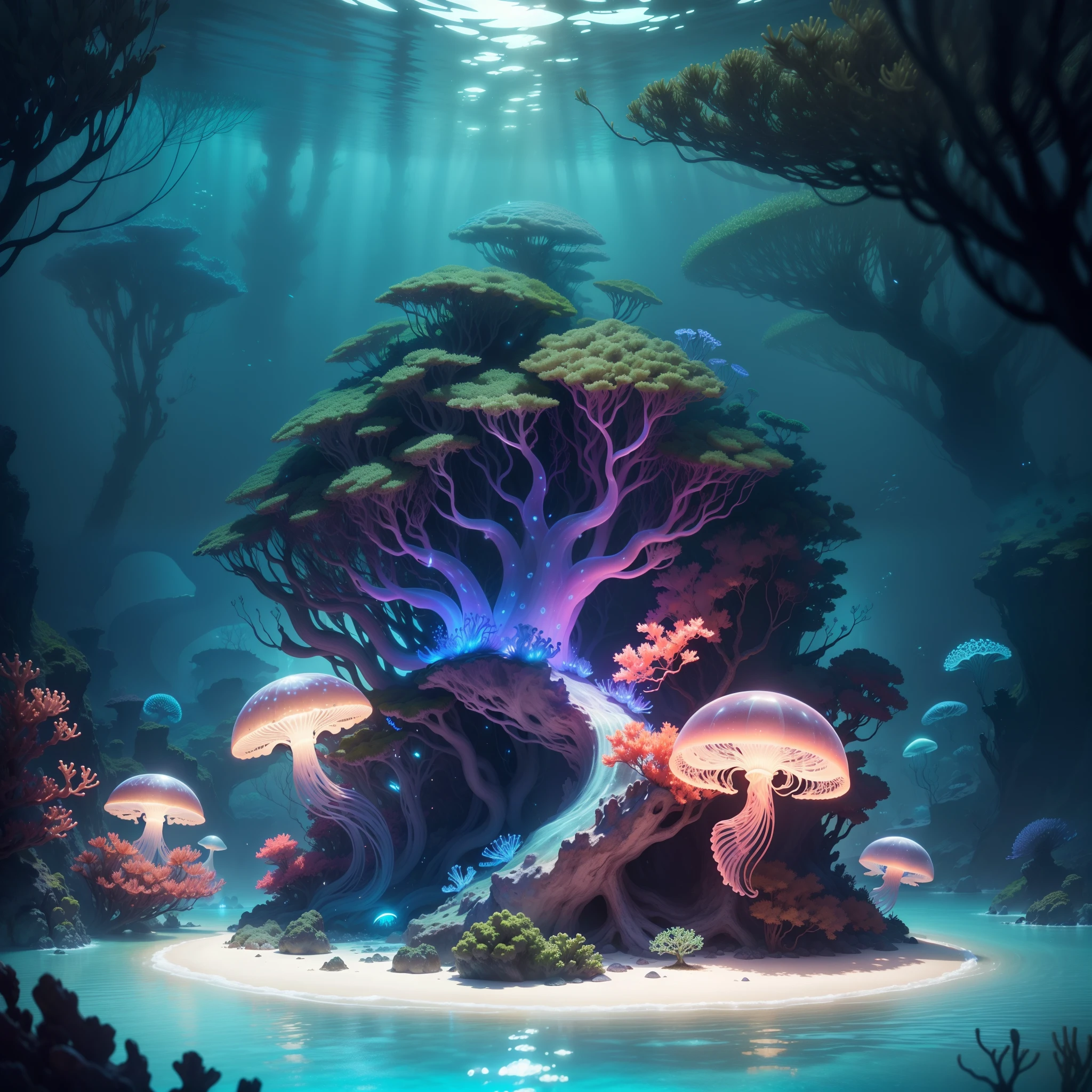 Masterpiece, Best quality, (Very detailed CG Unity 8K wallpapers), (Best quality), (Most Best Illustration), (Best shadows), Marine theme with natural elements. Tall mangrove forest, Abundant marine flora, glowing jellyfish, Surrounded by schools of fish, Glow particle effect,, (marine plant), ("Ocean" theme), ((Luminous algae)), (coral), ((glowing jellyfish )), ((Luminous creatures in seawater)), ((Sea fire)), (((Particle effect))), Isometric 3D, Octane rendering, Ray tracing, Super detailed