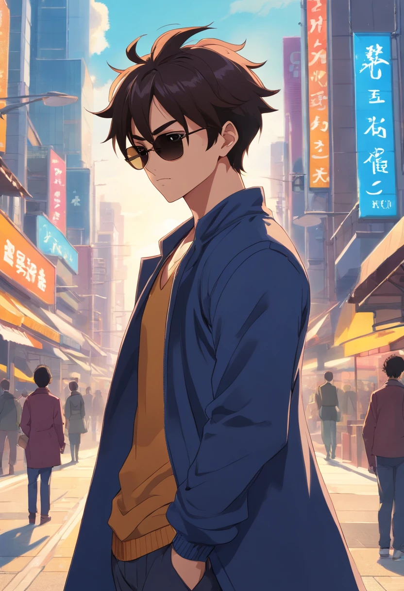 "a detailed artwork by Vegeta in an overcoat and a black shirt wearing sunglasses over his face with a serious expression, Dragon ball z, 4K, 8k, FULL HD, Corps entier, Dragon Ball Art Style, Hyperrealistic drawing style, Clean and detailed anime art, city background, vegeta saiyan, vegeta human."