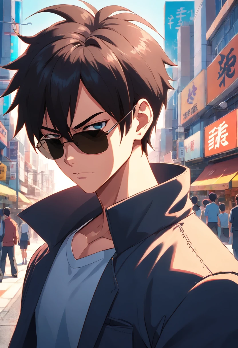 "a detailed artwork by Vegeta in an overcoat and a black shirt wearing sunglasses over his face with a serious expression, Dragon ball z, 4K, 8k, FULL HD, Corps entier, Dragon Ball Art Style, Hyperrealistic drawing style, Clean and detailed anime art, city background, vegeta saiyan, vegeta human."