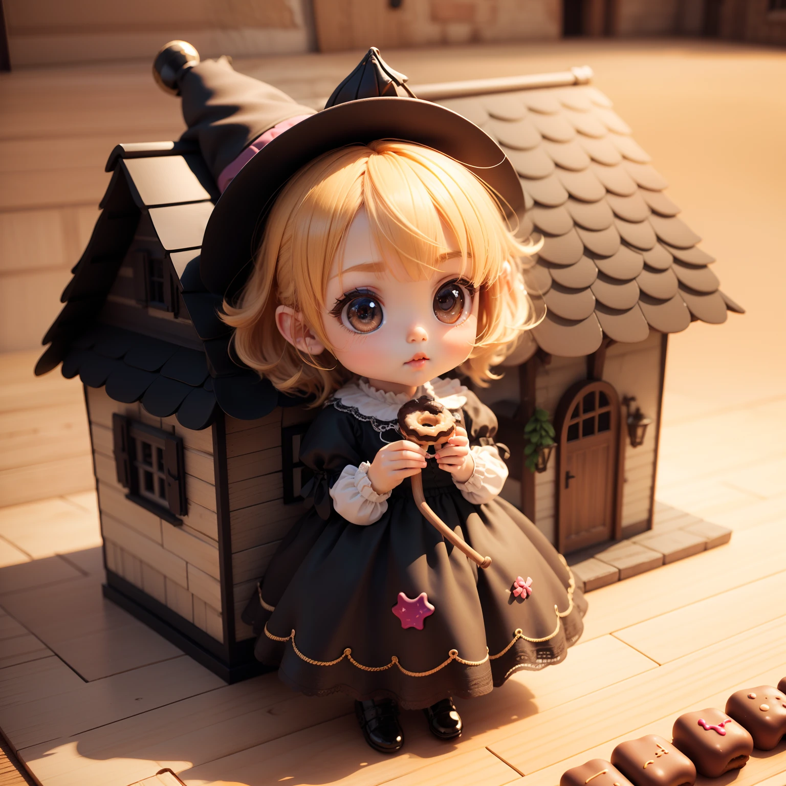 Cute Chibi Anime、(((chibi3d))) (best quality) (masterpiece)、Chibi Witch、Bend at the waist and hold a cane、(Candy House) (House of candy material) (Hansel and Gretel) chocolate.doughnut.