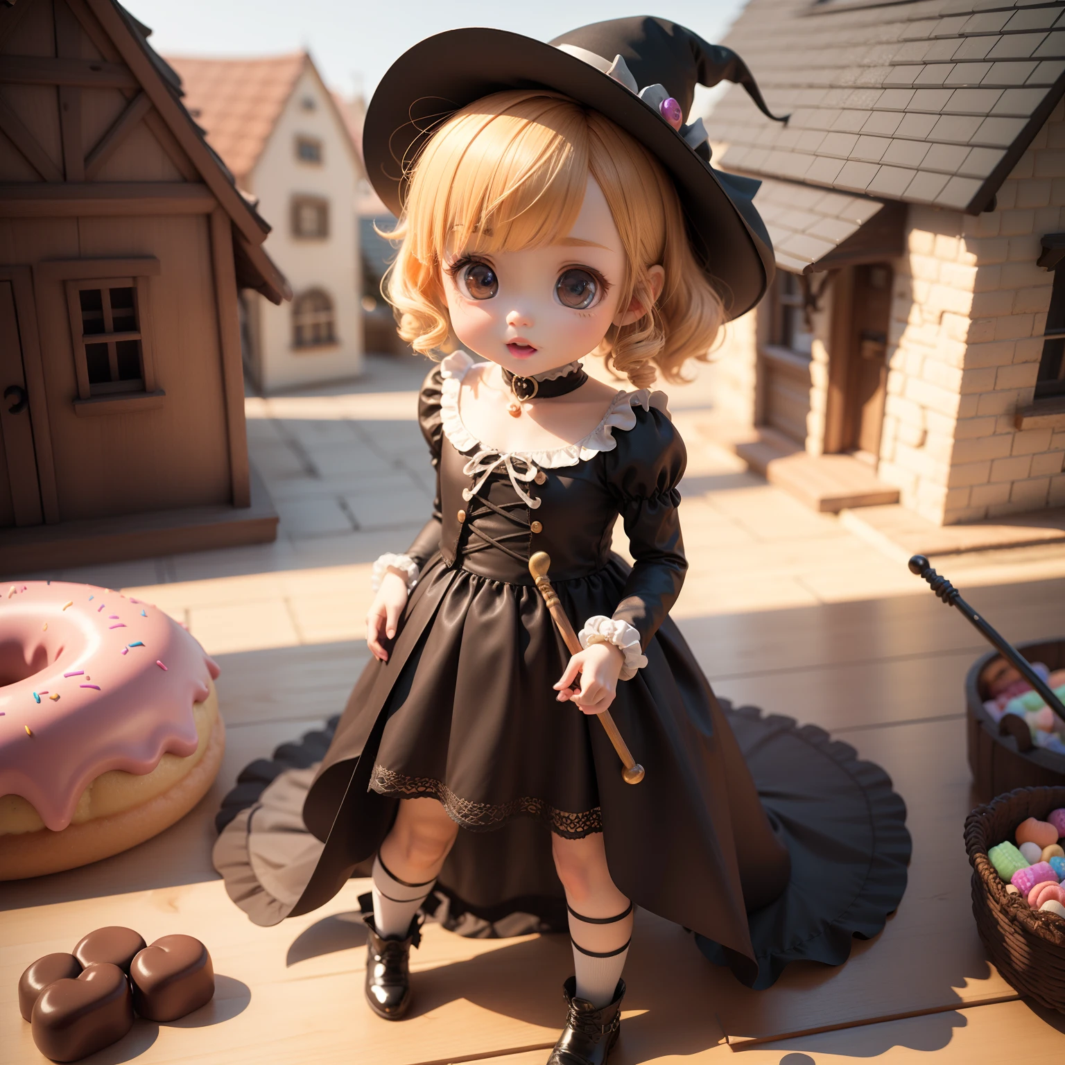 Cute Chibi Anime、(((chibi3d))) (best quality) (masterpiece)、Chibi Witch、Bend at the waist and hold a cane、(Candy House) (House of candy material) (Hansel and Gretel) chocolate.doughnut.