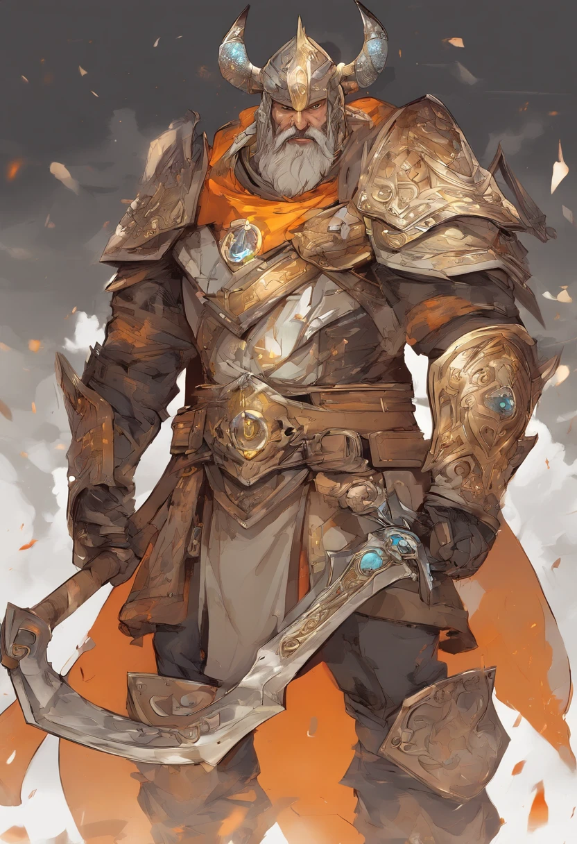 Un primer plano de un( hombre) (vikingo sosteniendo dos achas divinas) en la grieta del imvicador,( Arte de personajes de League of Legends),(Olaf),Full body of a Viking divine paladin warrior in ornate golden armor,barba densa y fondosa de color naranja y blanca, pauldrons, peto, halo brillante, peinado moikano, cabello naranja y blnaco, ojo amarillo brillante, parcheben( 1 ojo),pupila brillante, enfoque de ojo, capa de pelaje blanaca, grieta del imbocador,ruinas magicas, noche, luz de luna, particuls, haz de luz, chromatic abberation,barbaro,luchando,pelea,pose dinsmica,accion,alta calidad,muchos detalles,grito,exprecion fasial