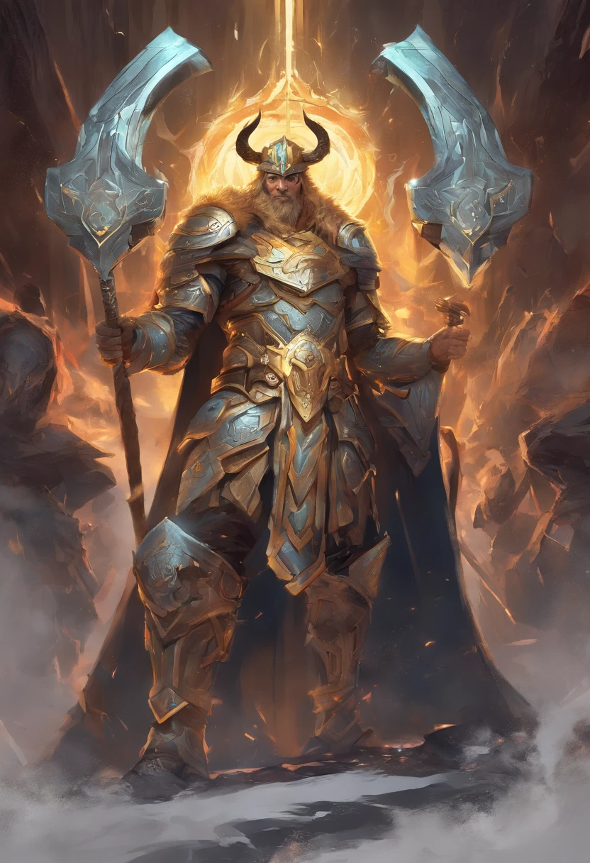 Un primer plano de un( hombre) (vikingo sosteniendo dos achas divinas) en la grieta del imvicador,( Arte de personajes de League of Legends),(Olaf),Full body of a Viking divine paladin warrior in ornate golden armor,barba densa y fondosa de color naranja y blanca, pauldrons, peto, halo brillante, peinado moikano, cabello naranja y blnaco, ojo amarillo brillante, parcheben( 1 ojo),pupila brillante, enfoque de ojo, capa de pelaje blanaca, grieta del imbocador,ruinas magicas, noche, luz de luna, particuls, haz de luz, chromatic abberation,barbaro,luchando,pelea,pose dinsmica,accion,alta calidad,muchos detalles,grito,exprecion fasial
