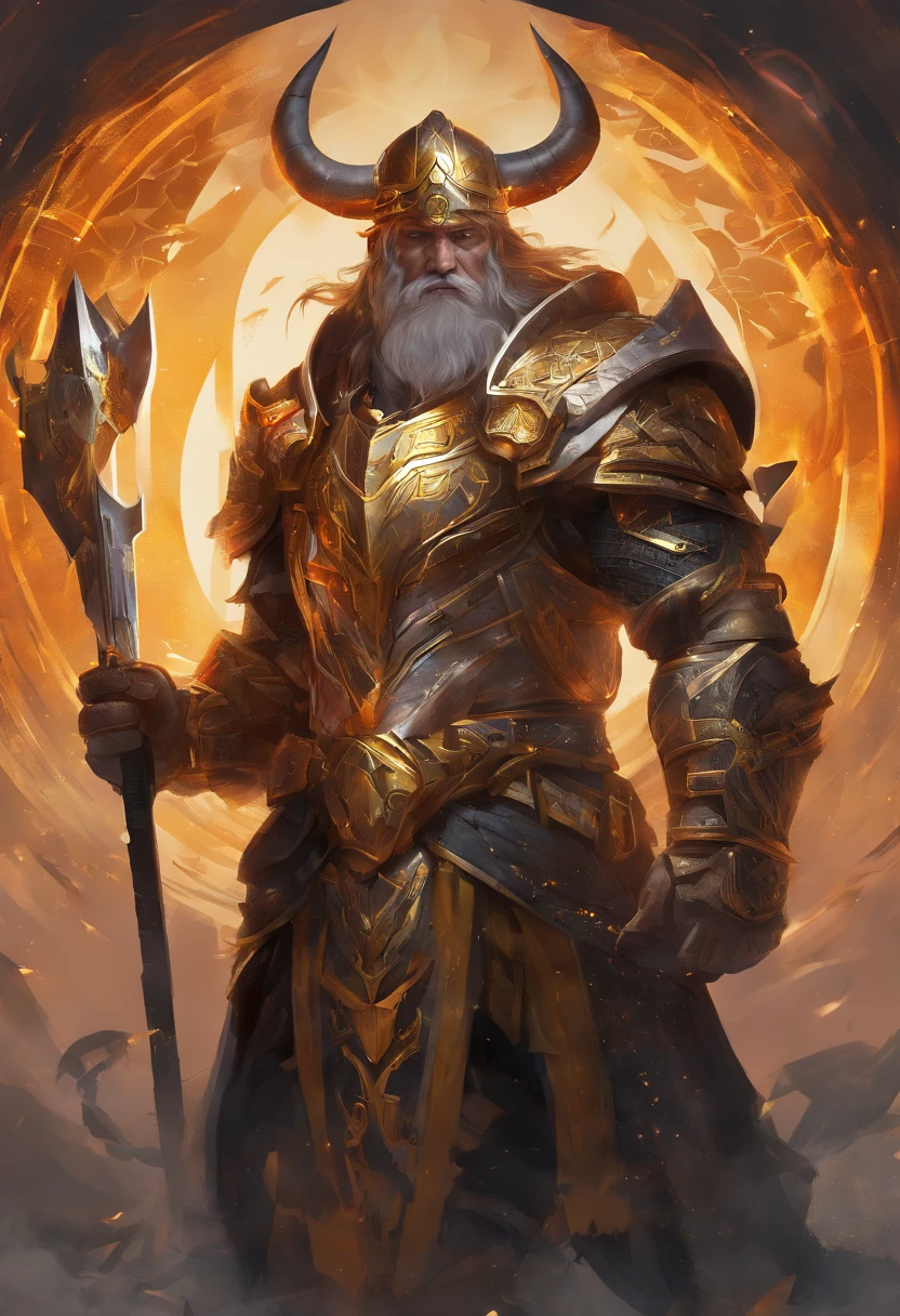 Un primer plano de un( hombre) (vikingo sosteniendo dos achas divinas) en la grieta del imvicador,( Arte de personajes de League of Legends),(Olaf),Full body of a Viking divine paladin warrior in ornate golden armor,barba densa y fondosa de color naranja y blanca, pauldrons, peto, halo brillante, peinado moikano, cabello naranja y blnaco, ojo amarillo brillante, parcheben( 1 ojo),pupila brillante, enfoque de ojo, capa de pelaje blanaca, grieta del imbocador,ruinas magicas, noche, luz de luna, particuls, haz de luz, chromatic abberation,barbaro,luchando,pelea,pose dinsmica,accion,alta calidad,muchos detalles,grito,exprecion fasial