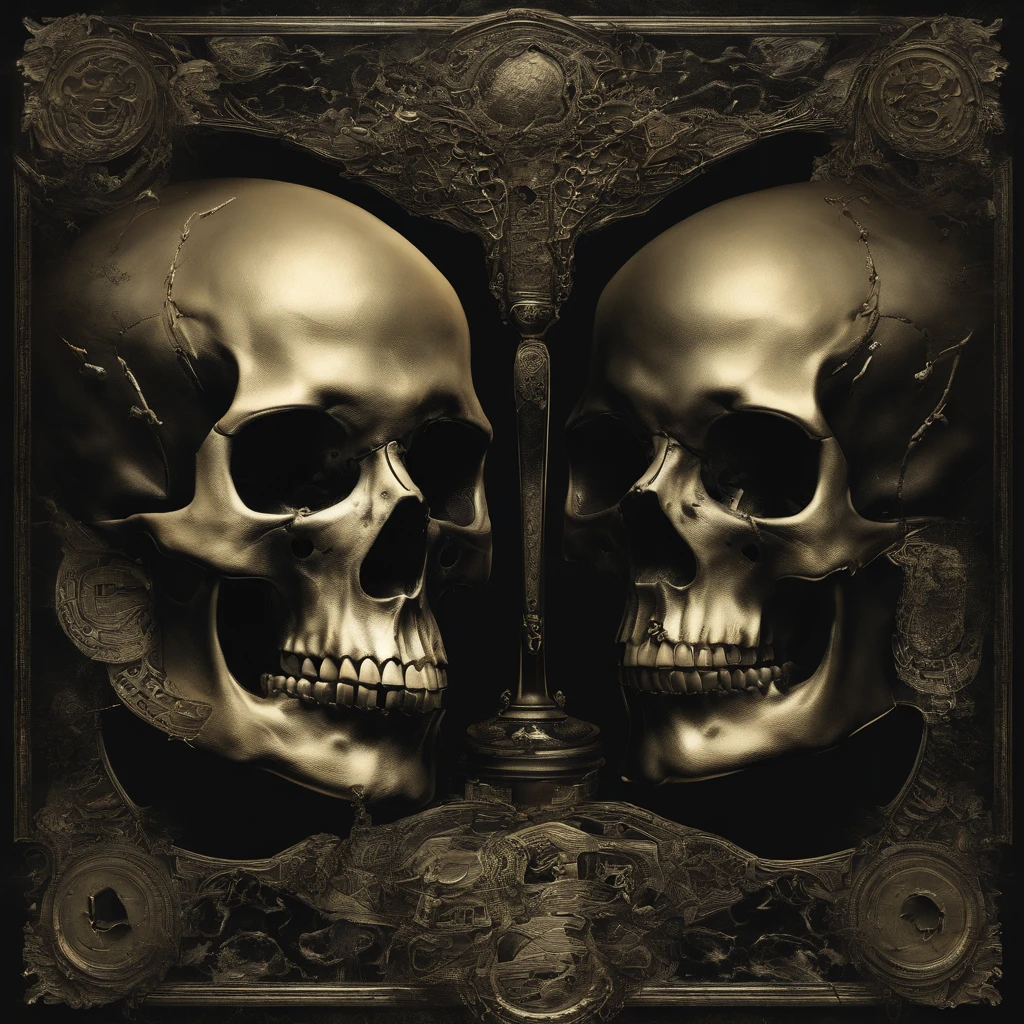 Tilted balance,On the left is the skull,On the right is a gold coin