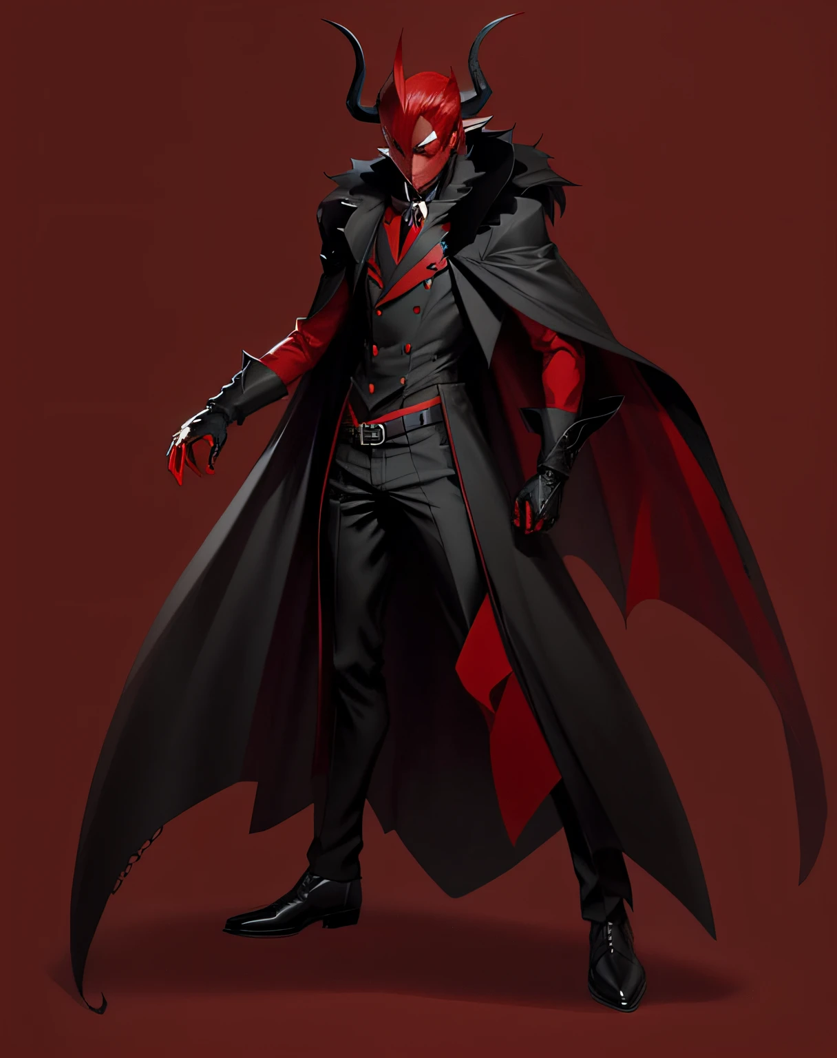 anime character with red eyes and black cape and red hair, full body devil man, full body concept, dapper dream demon, full body black and red longcoat, demon noble character design, human male demon, persona 5 style, new costume concept design, full body concept art, persona 5 art style wlop, red and black costume!!!, crimson attire