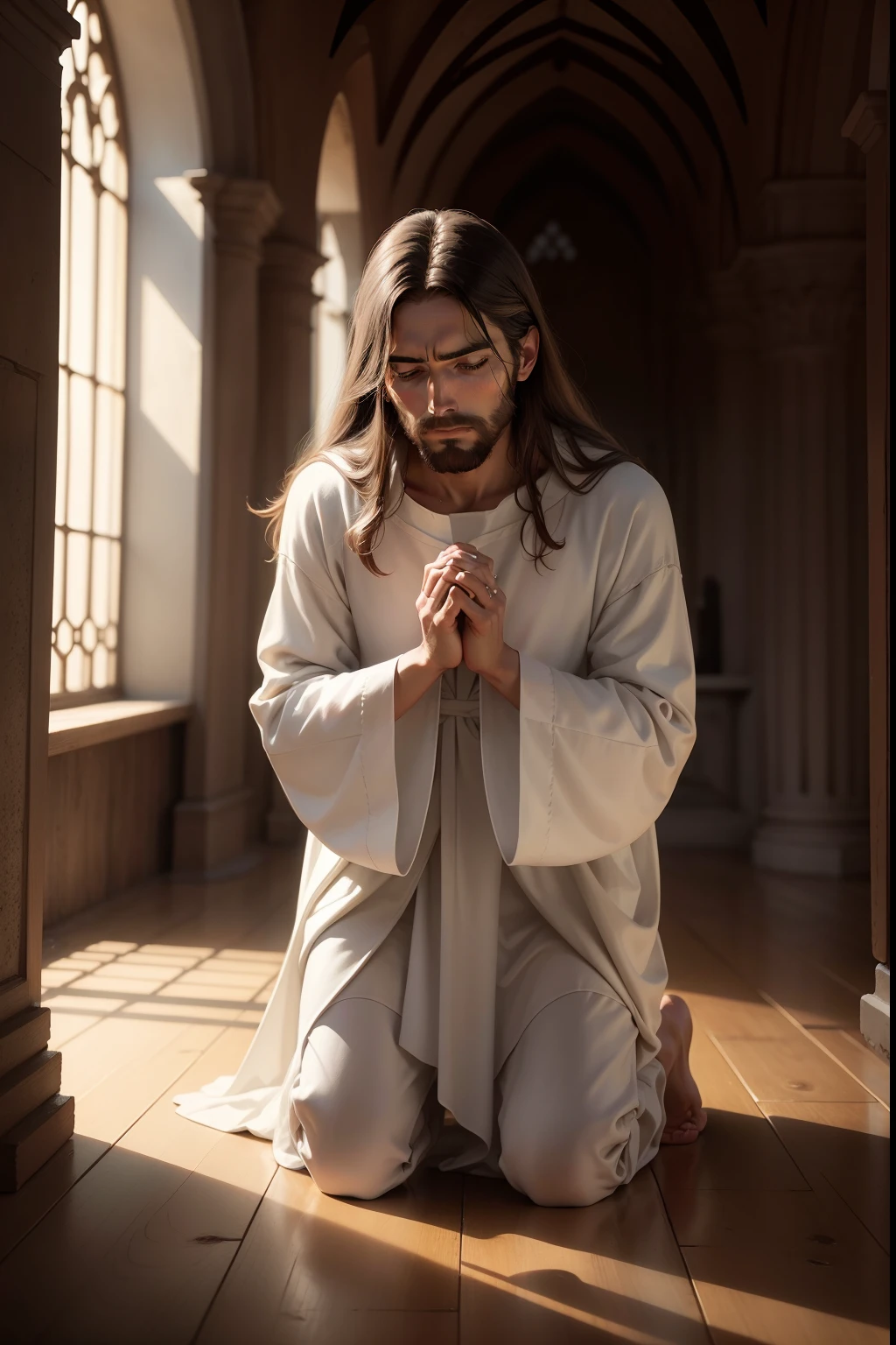 Jesus kneeling praying, with his face forward looking at the camera