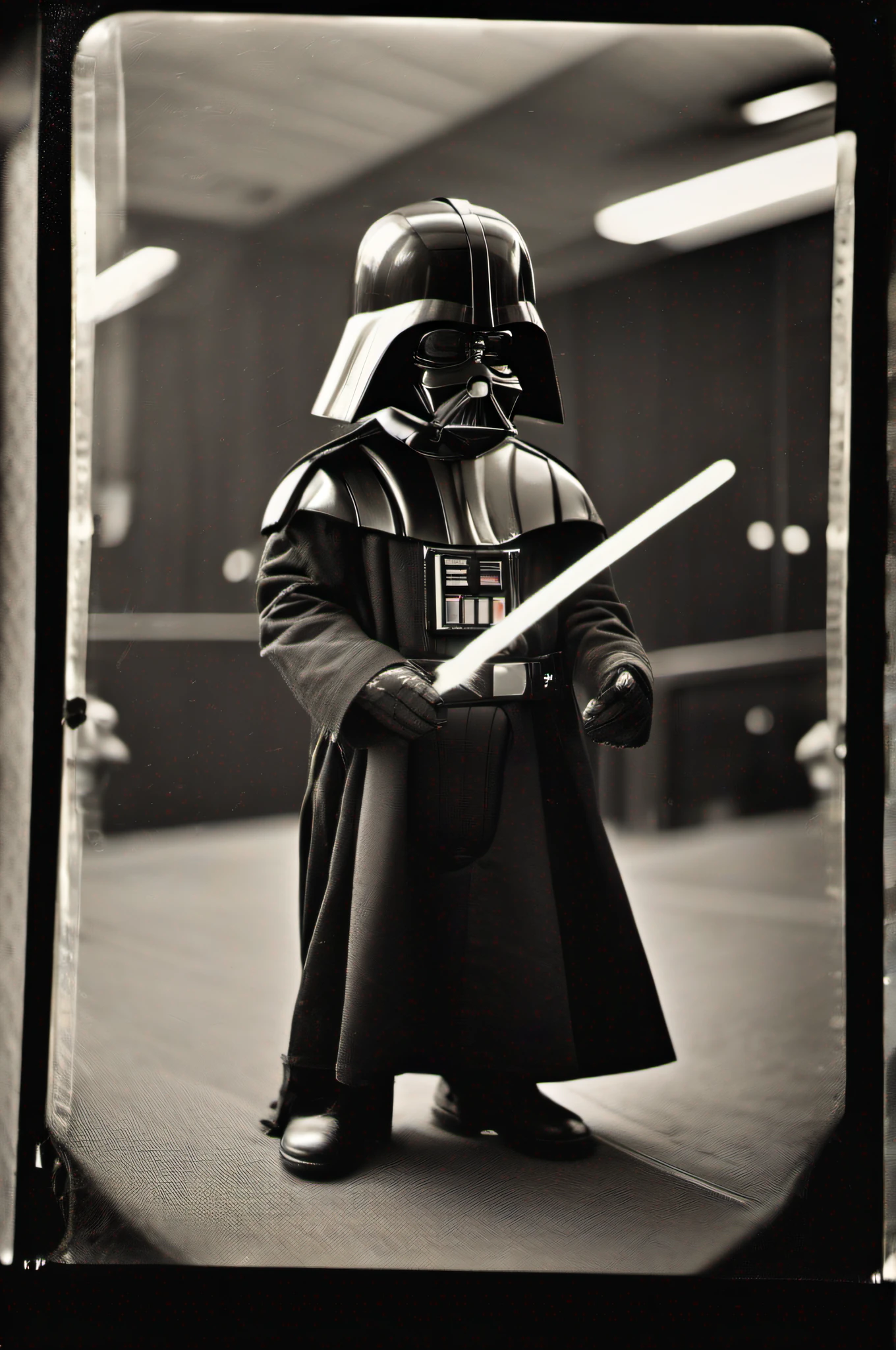 Darth Vader Toddler on the command bridge of the Death Star with the lightsaber ready for attack. portrait photography, slightly below eye level camera angle, large format wet plate collodion camera, portrait lens with a focal length of 150-200mm, wet plate collodion film, black and white style, rule of thirds composition, intense and dark mood, high contrast and low-key lighting, ISO 5-10, and wet plate collodion printing method.