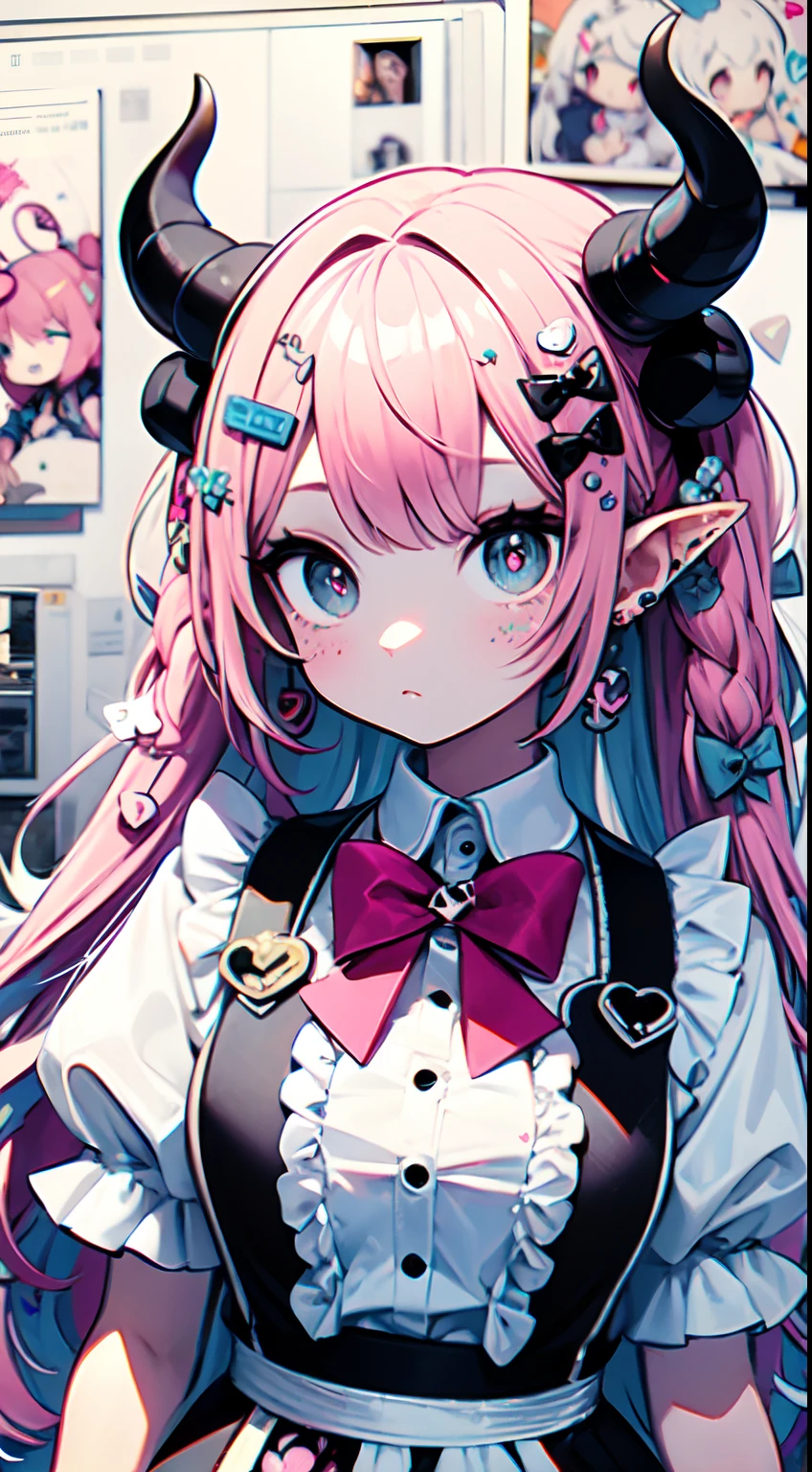 masterpiece, best quality, ultra detailed, beautiful shading, cinematic ligthing, studio lights, cute, kawaii, big eyes, flower pattern on pupil, shaped pupil , cute polka dot pattern on bows, plaid, light pink colored hair,Powder-blue pupils,Wear pink and blue maid outfits,Sweet girl with pure white,full body, full shot, horns, little devil, wow, retro, hairclips, decora, a lot of accessories