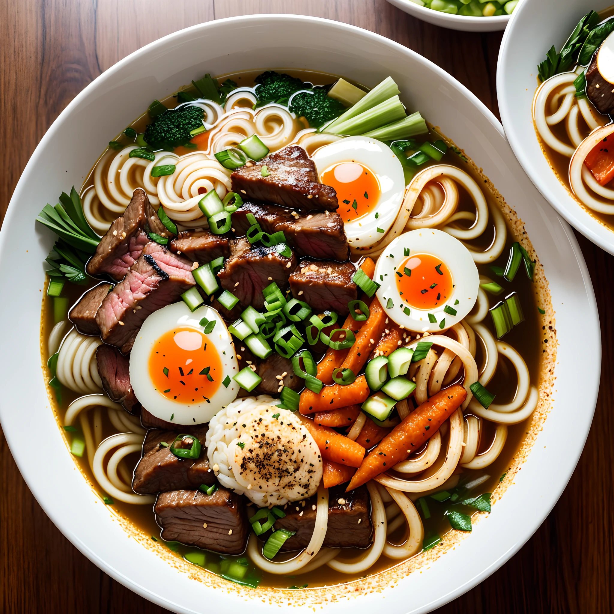 (a bowl of) Spicy Korean Beef Soup,udon noodles,spicy red broth,tender beef slices,fresh vegetables(carrots,green onions),kimchi garnish,hot chili flakes,rich umami flavors,steaming hot bowl,fine dining presentation
