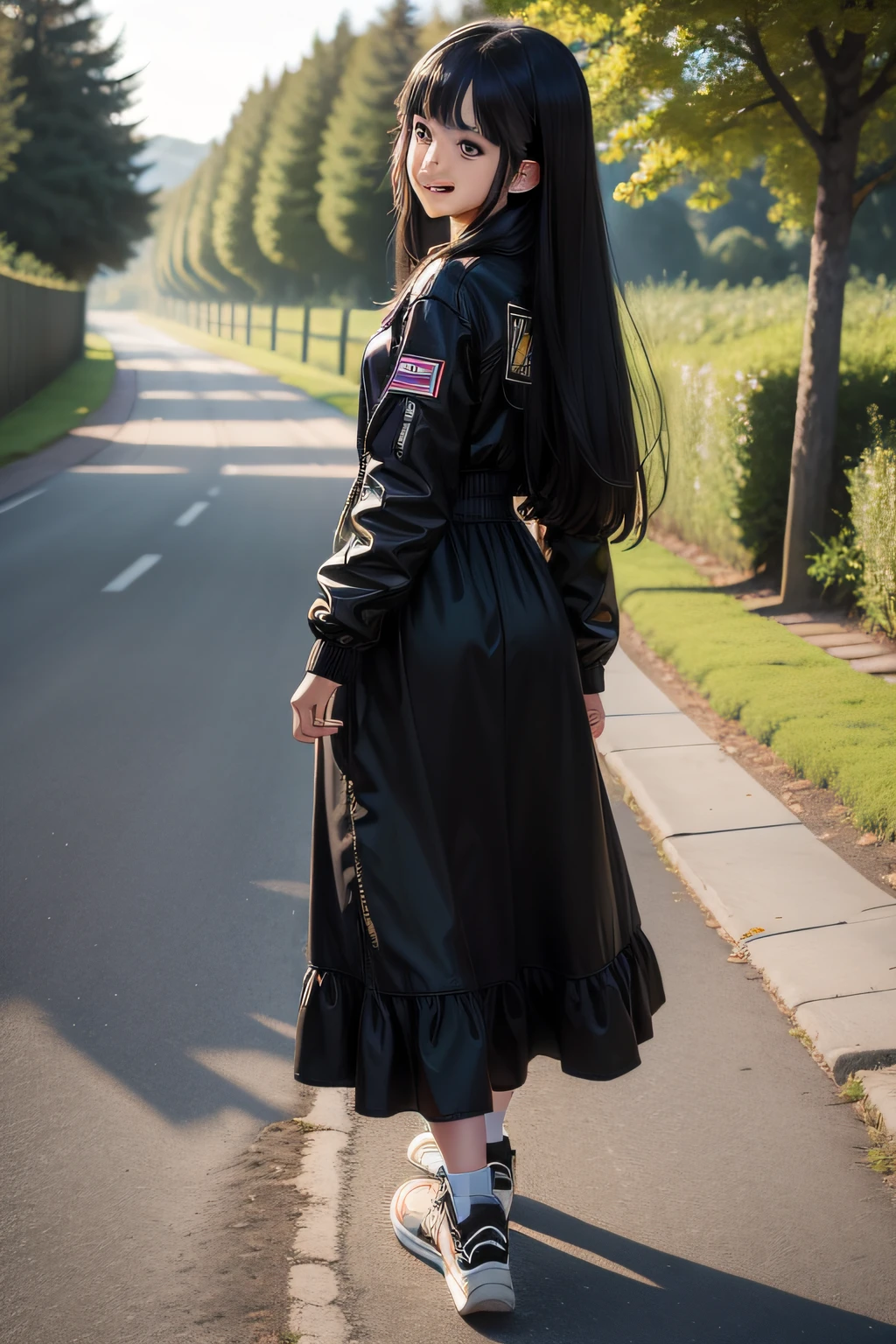 masterpiece, best quality, on a country lane back, girl, solo, female, long hair, black hair, straight hair, bangs, light smile, black eyes, jacket, maxi dress, skate shoes , looking back, walking, day,