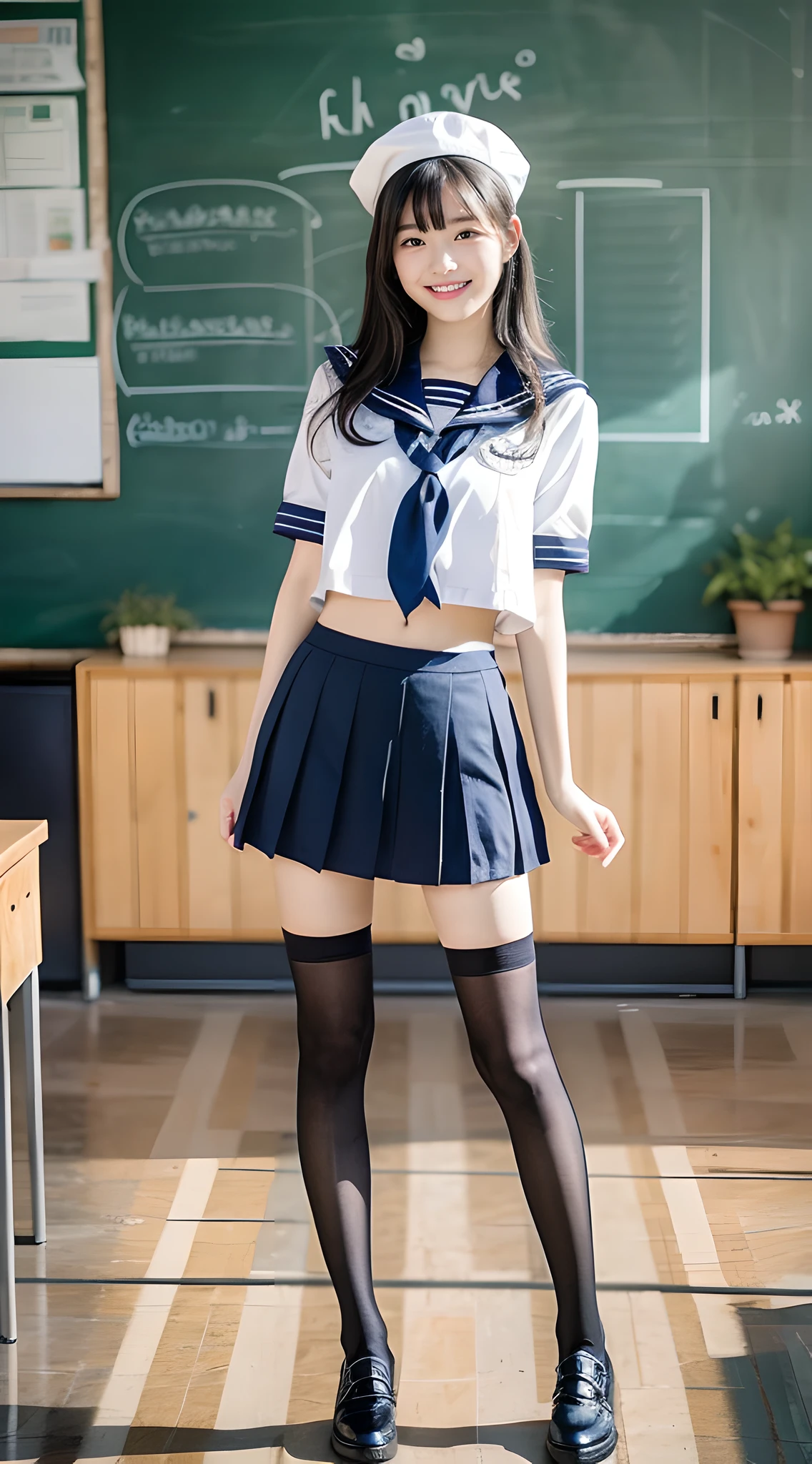 1girl, Cute, Black-haired, , Smile, Looks pure, sailor suit, Photography, Realistic, Best Quality, Detailed face, Full body, slender, Slender legs, Long legs, Wearing thigh-high socks, shoes on, School, classroom, dynamic pose